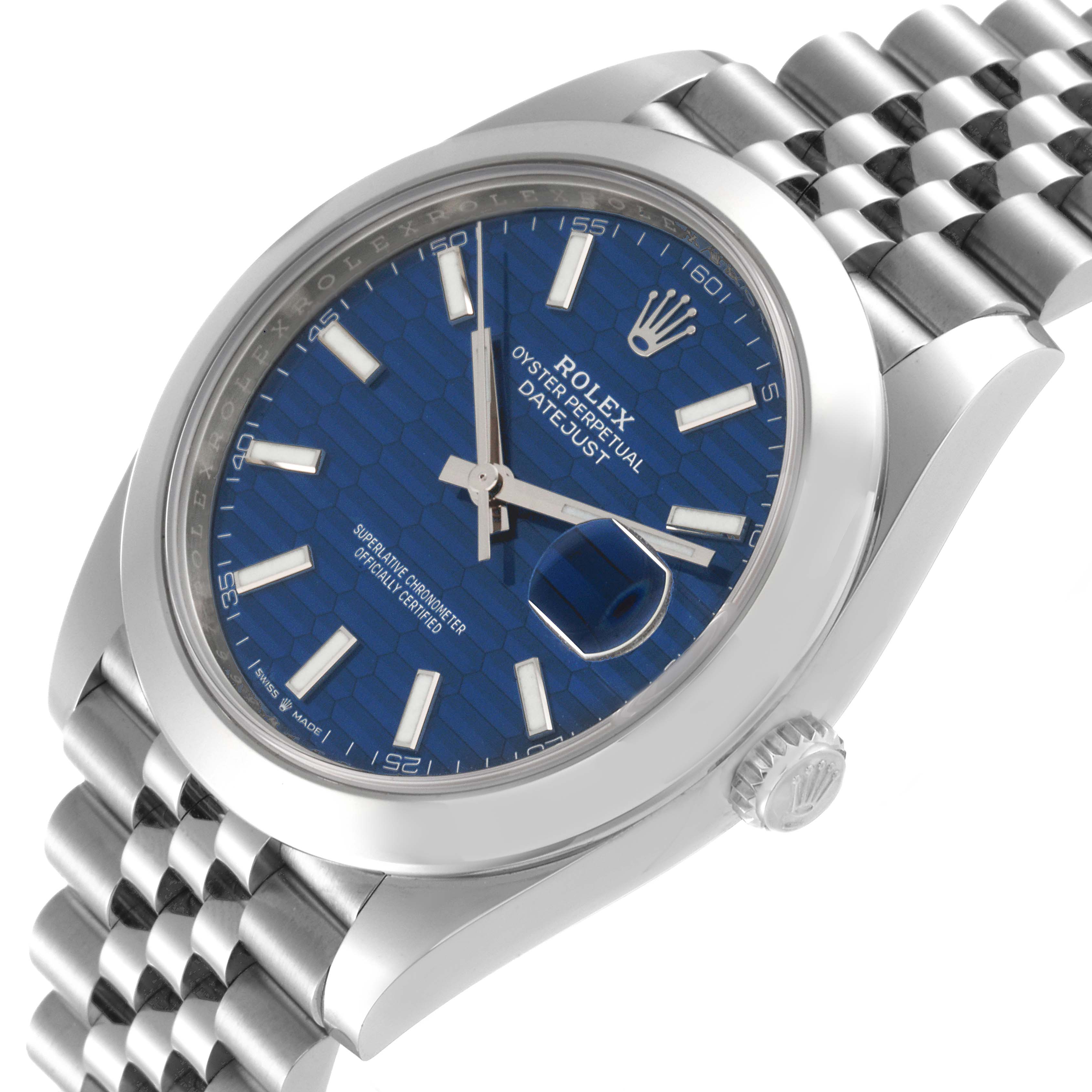 This image shows a close-up angled view of a Rolex Datejust 41 126300 Men
s Stainless Steel Blue Dial 126300 Men
s Stainless Steel Blue Dial watch, highlighting the blue face, bezel, and a portion of the bracelet.