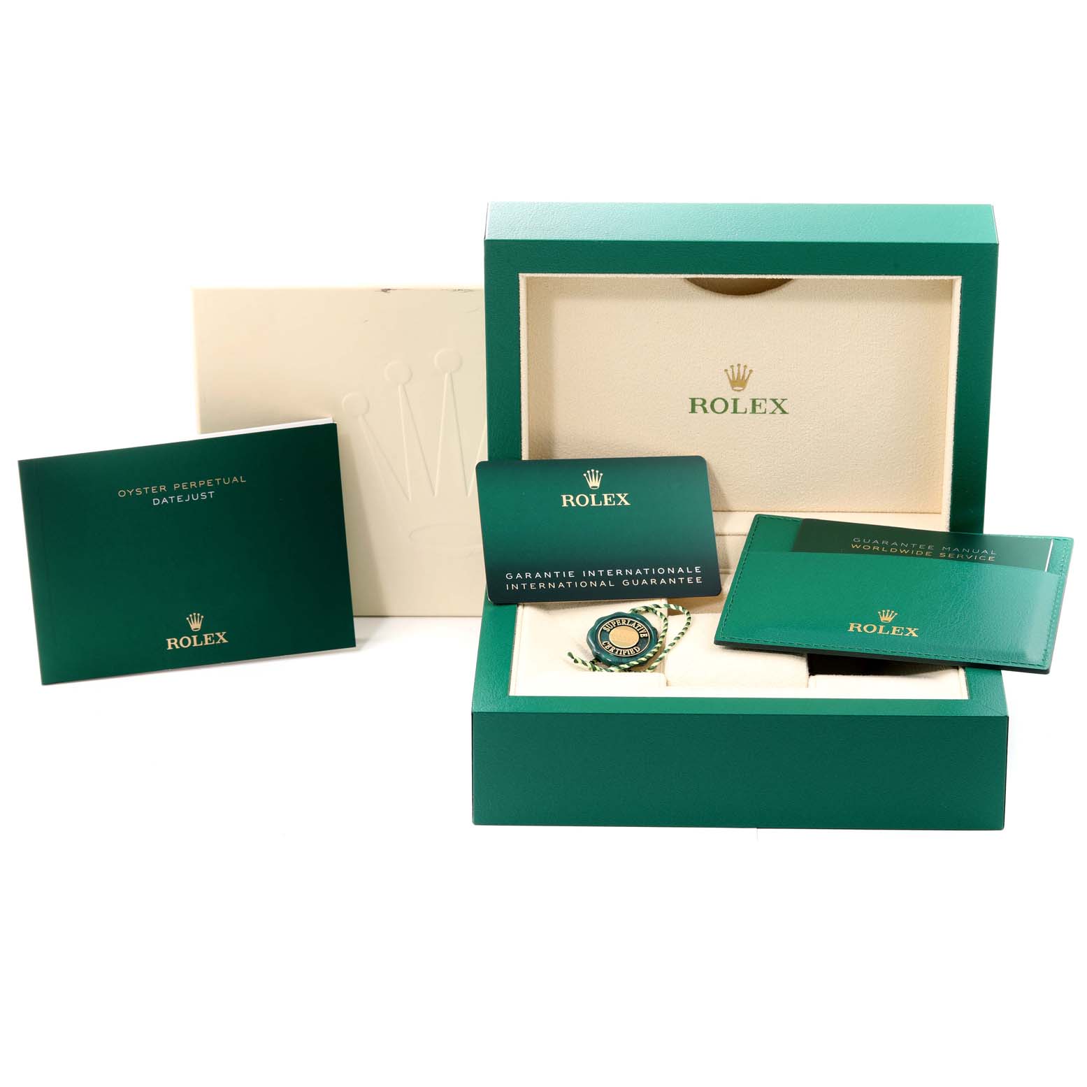 The image shows the Rolex Datejust 41 126300 Men
s Stainless Steel Blue Dial 126300 Men
s Stainless Steel Blue Dial packaging, including the watch box, warranty card, manuals, and tag from a front angle.