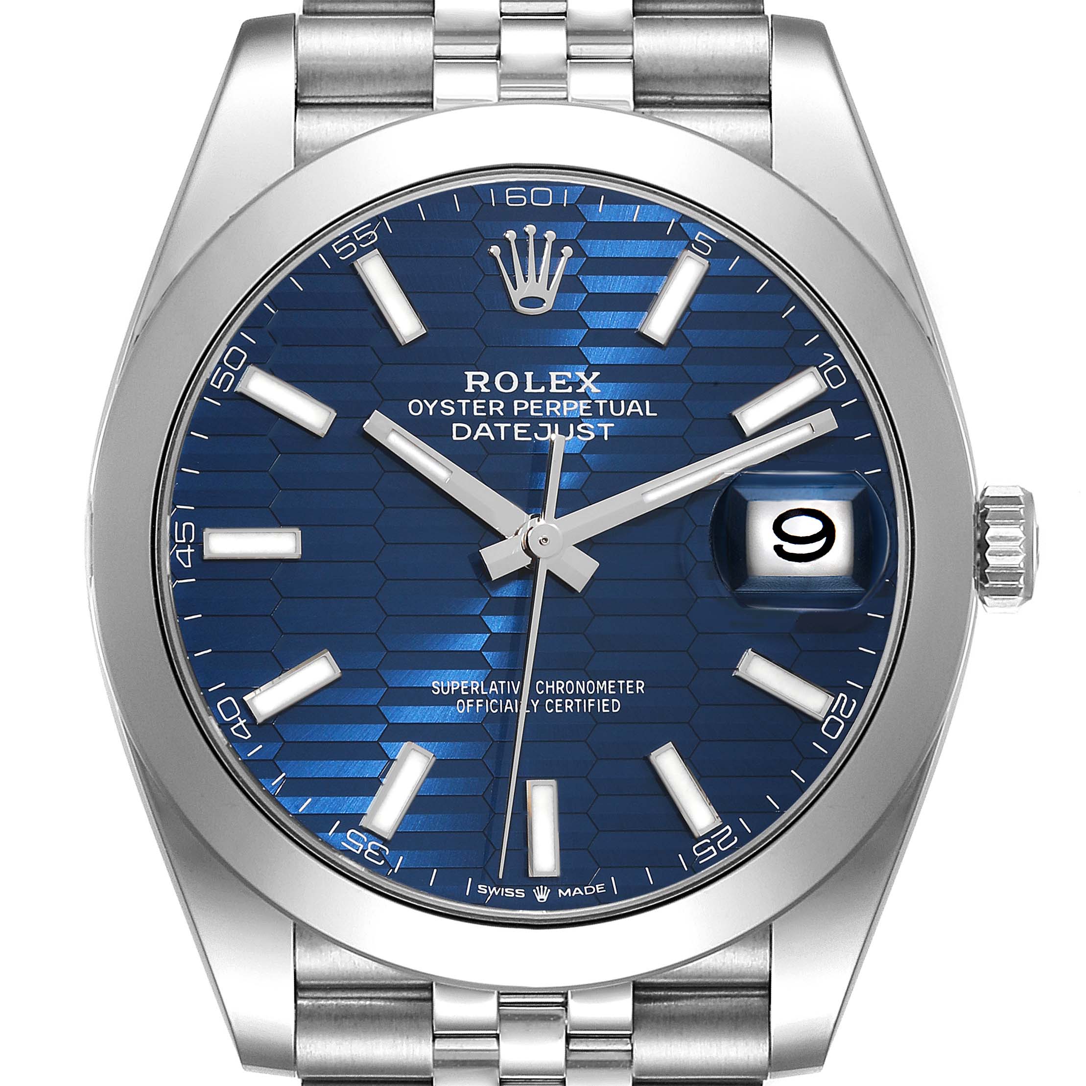 The image shows a front view of the Rolex Datejust 41 126300 Men
s Stainless Steel Blue Dial 126300 Men
s Stainless Steel Blue Dial watch, highlighting its blue dial, Oyster bracelet, and date window at 3 o
clock.