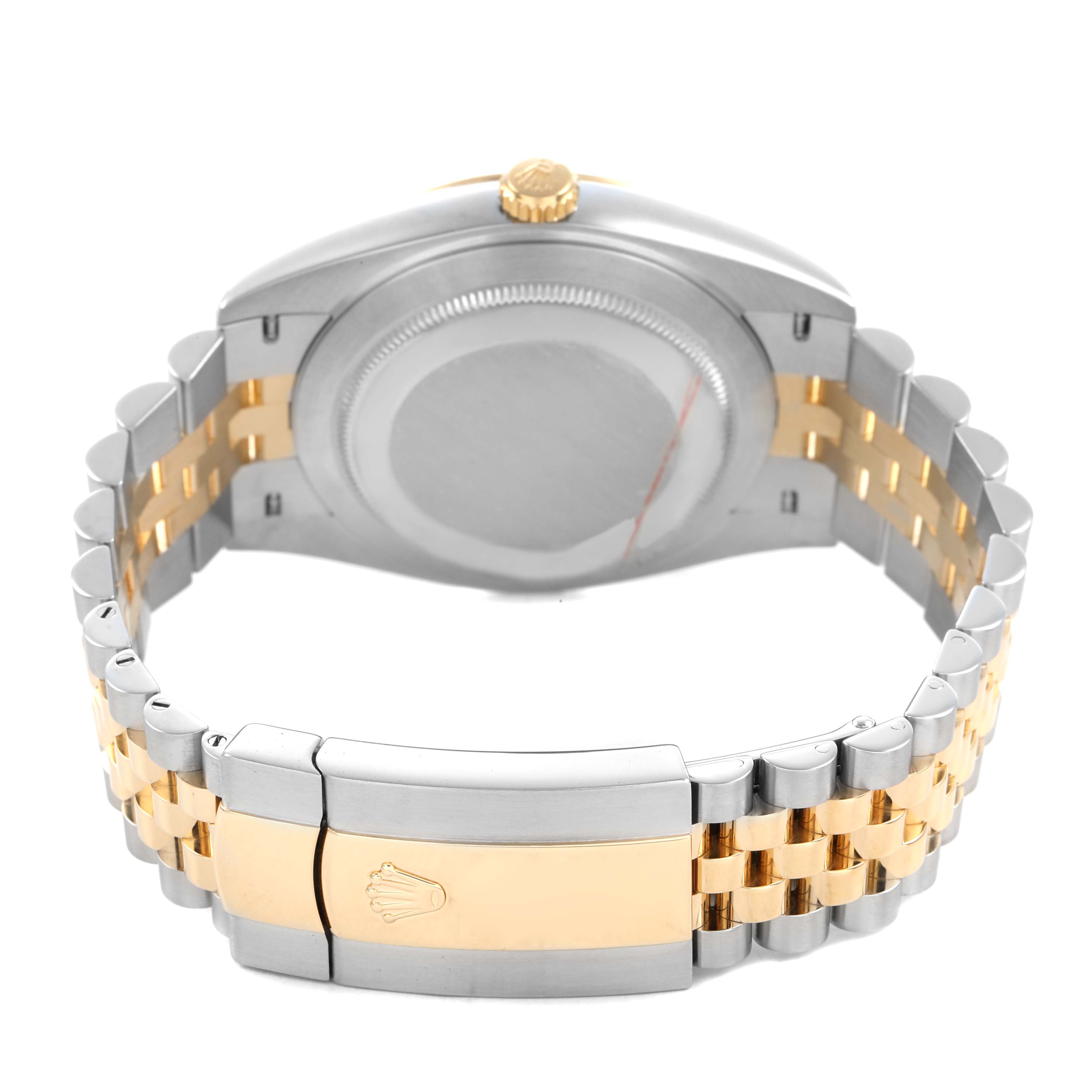 The Rolex Datejust 41 126333 Men's Steel and Gold (two tone) Champagne Dial is shown from the back, highlighting its two-tone bracelet and closed clasp.