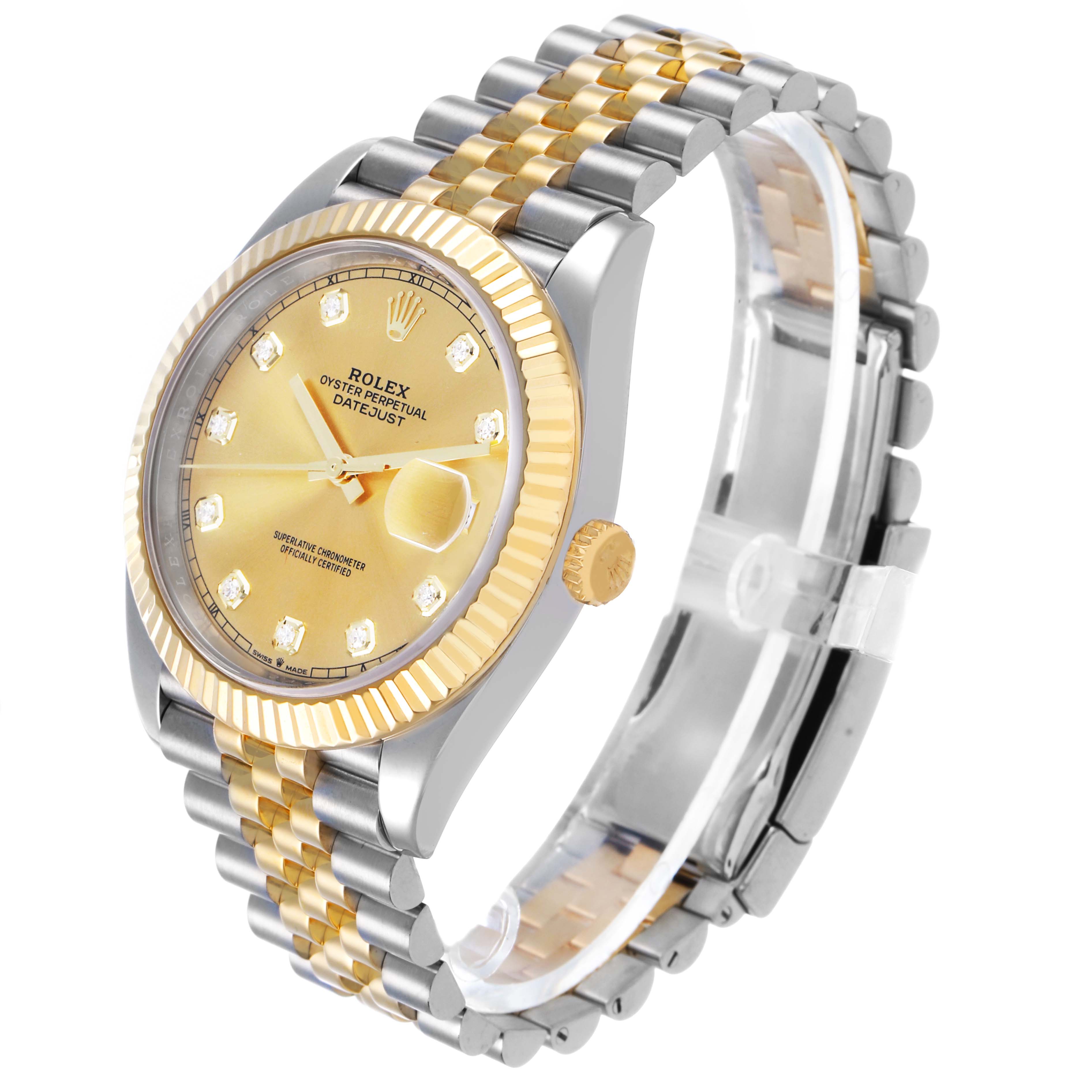 The Rolex Datejust 41 126333 Men's Steel and Gold (two tone) Champagne Dial is shown at a side angle, highlighting its gold dial, fluted bezel, and Jubilee bracelet.