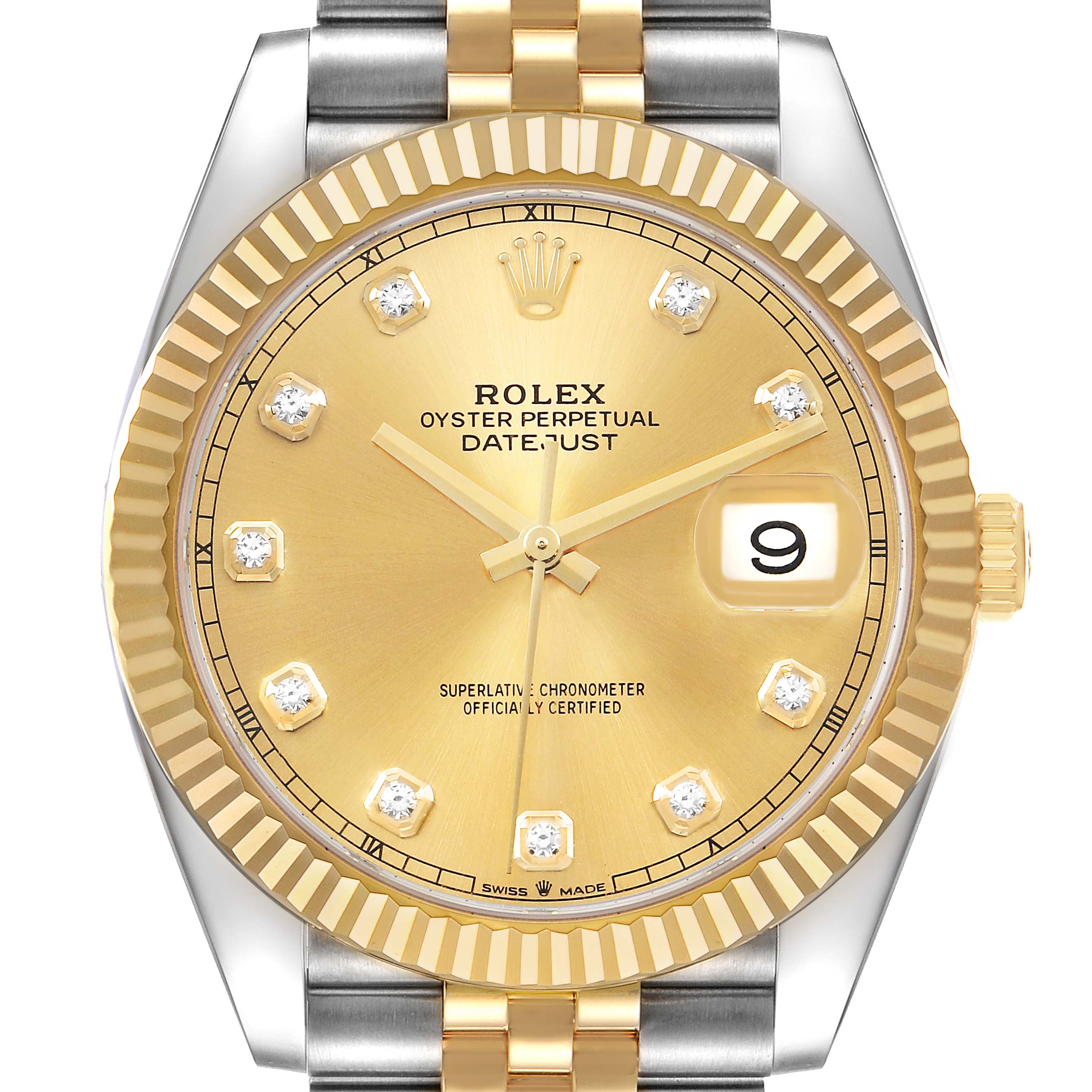 The image shows a close-up front view of the Rolex Datejust 41 126333 Men's Steel and Gold (two tone) Champagne Dial, highlighting the dial, bezel, and part of the bracelet.