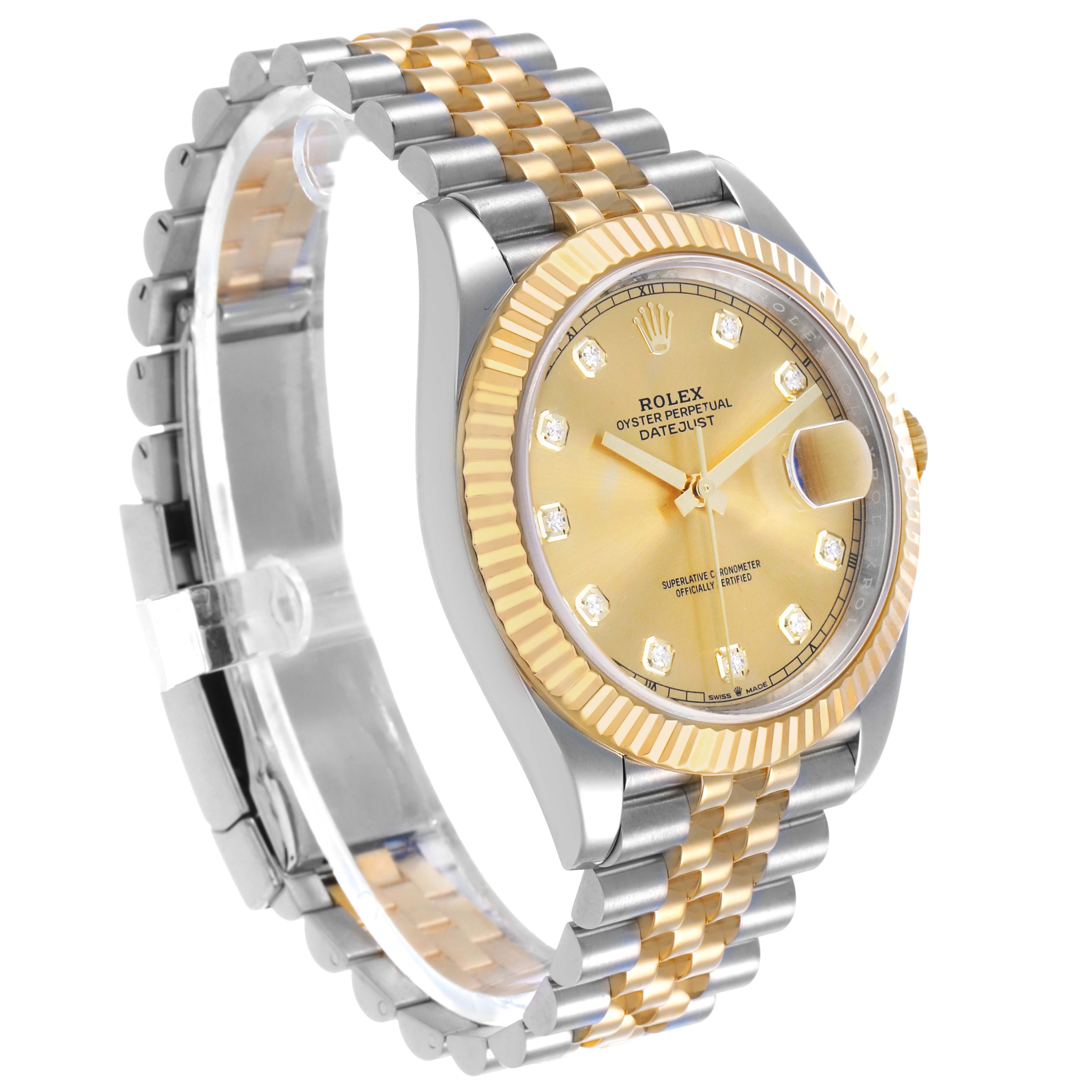 The Rolex Datejust 41 126333 Men's Steel and Gold (two tone) Champagne Dial is shown at an angled view highlighting its gold bezel, dial, and two-tone Jubilee bracelet.