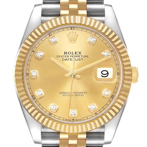 The Rolex Datejust 41 126333 Men's Steel and Gold (two tone) Champagne Dial watch is shown from a front angle, displaying its gold dial, fluted bezel, and Jubilee bracelet.
