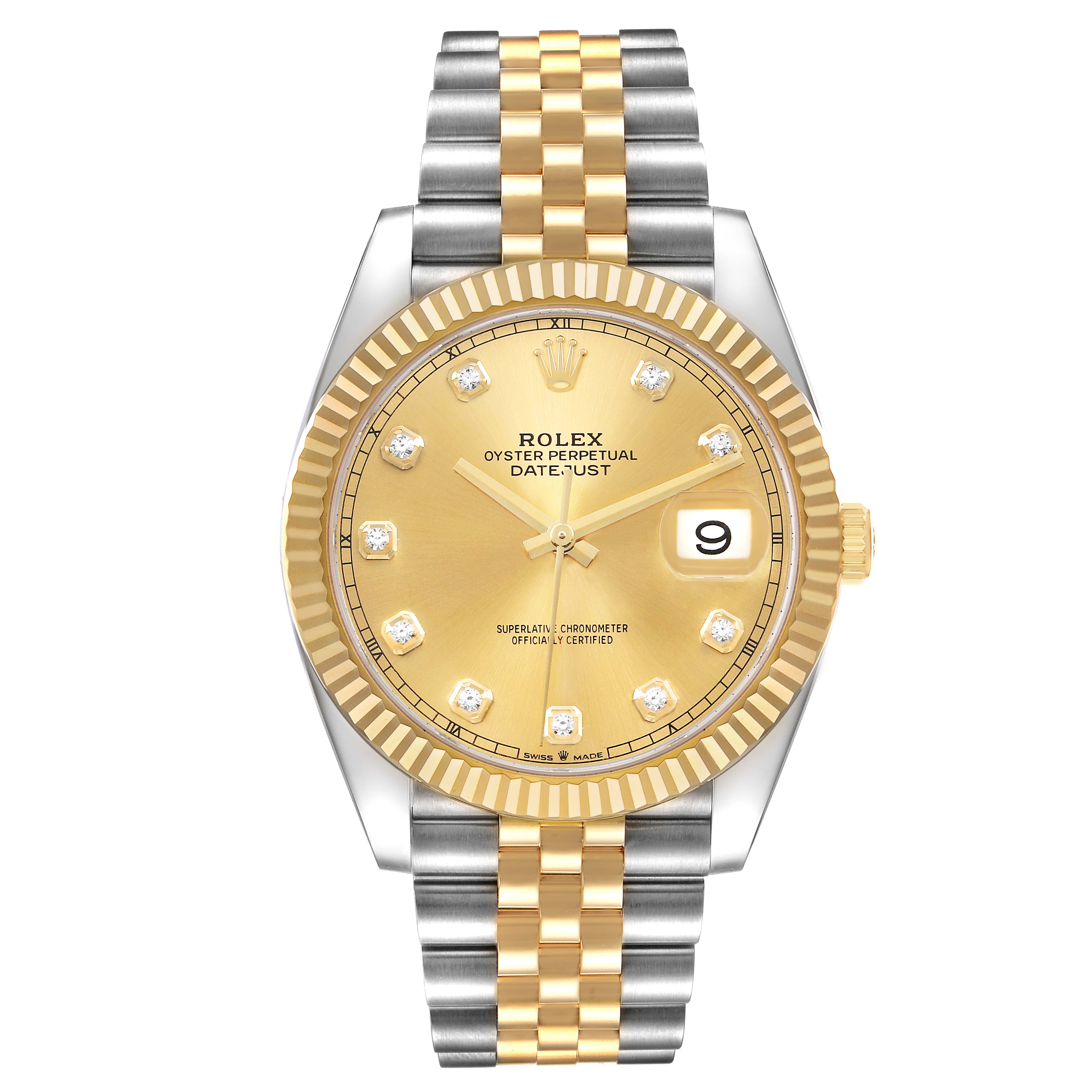 The Rolex Datejust 41 126333 Men's Steel and Gold (two tone) Champagne Dial watch is shown from a front view, displaying the dial, bezel, crown, and bracelet.
