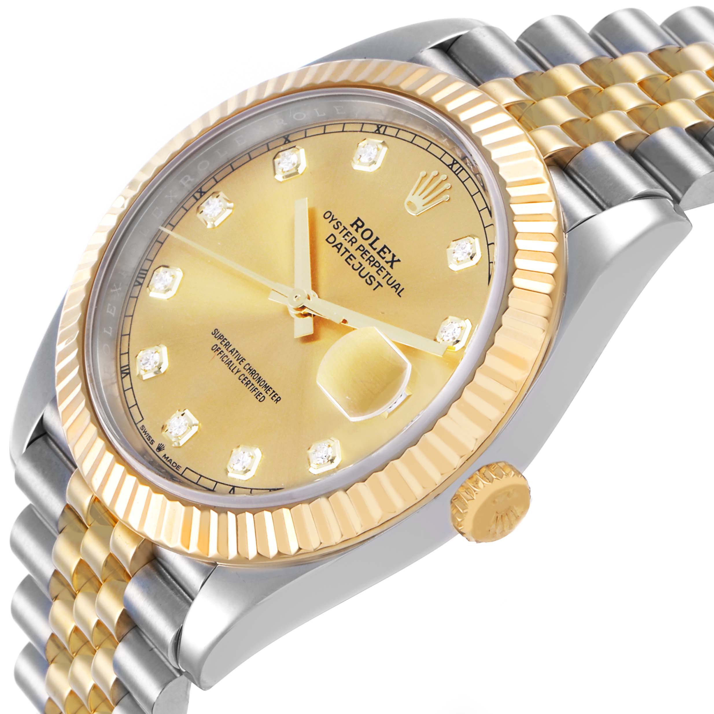 The Rolex Datejust 41 126333 Men's Steel and Gold (two tone) Champagne Dial is shown at a three-quarter angle, highlighting the gold dial, fluted bezel, crown, and Jubilee bracelet.