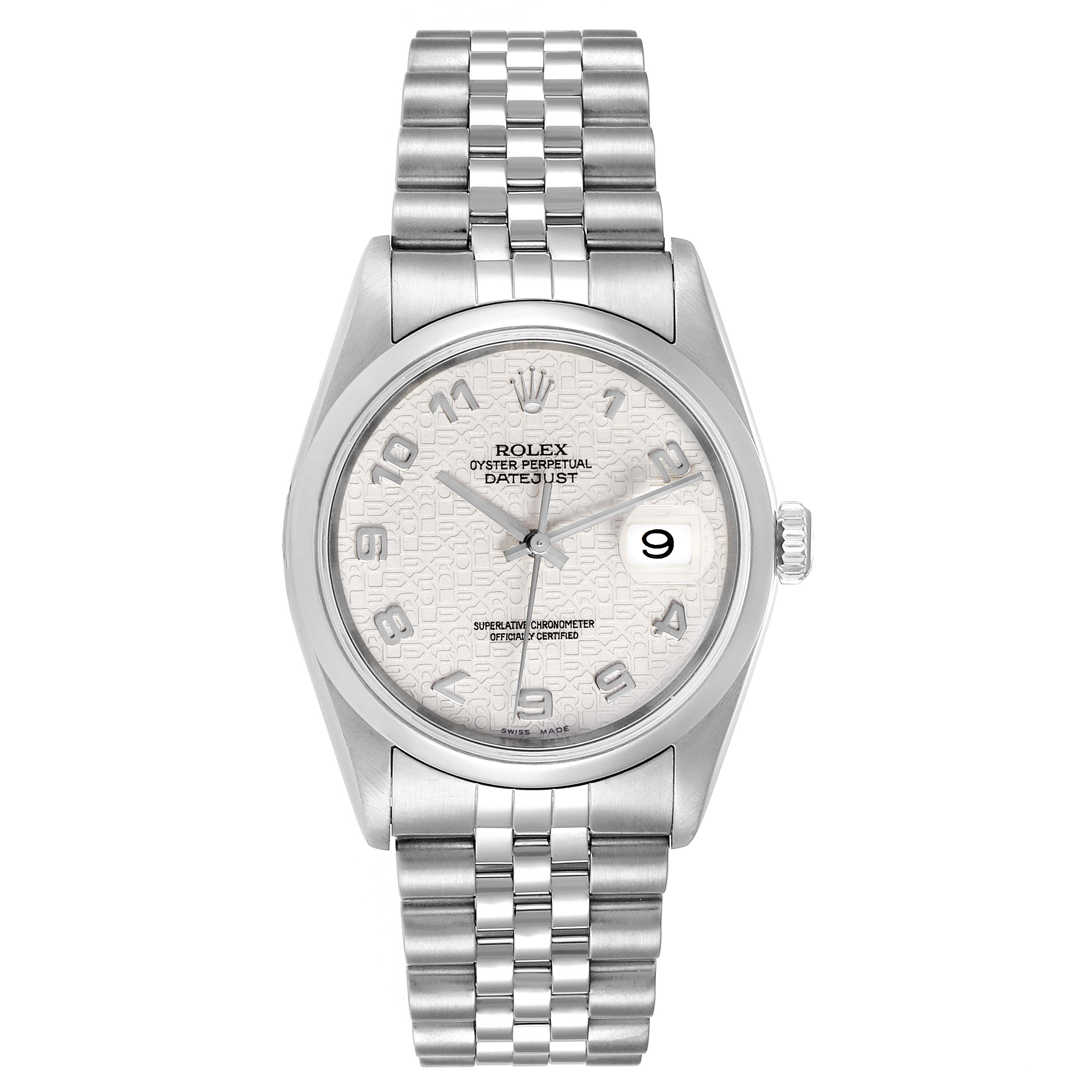 The image shows a Rolex Datejust 16200 Men's Stainless Steel Silver Dial 16200 Men's Stainless Steel Silver Dial watch from a top-down angle, highlighting the face, bezel, crown, and bracelet.