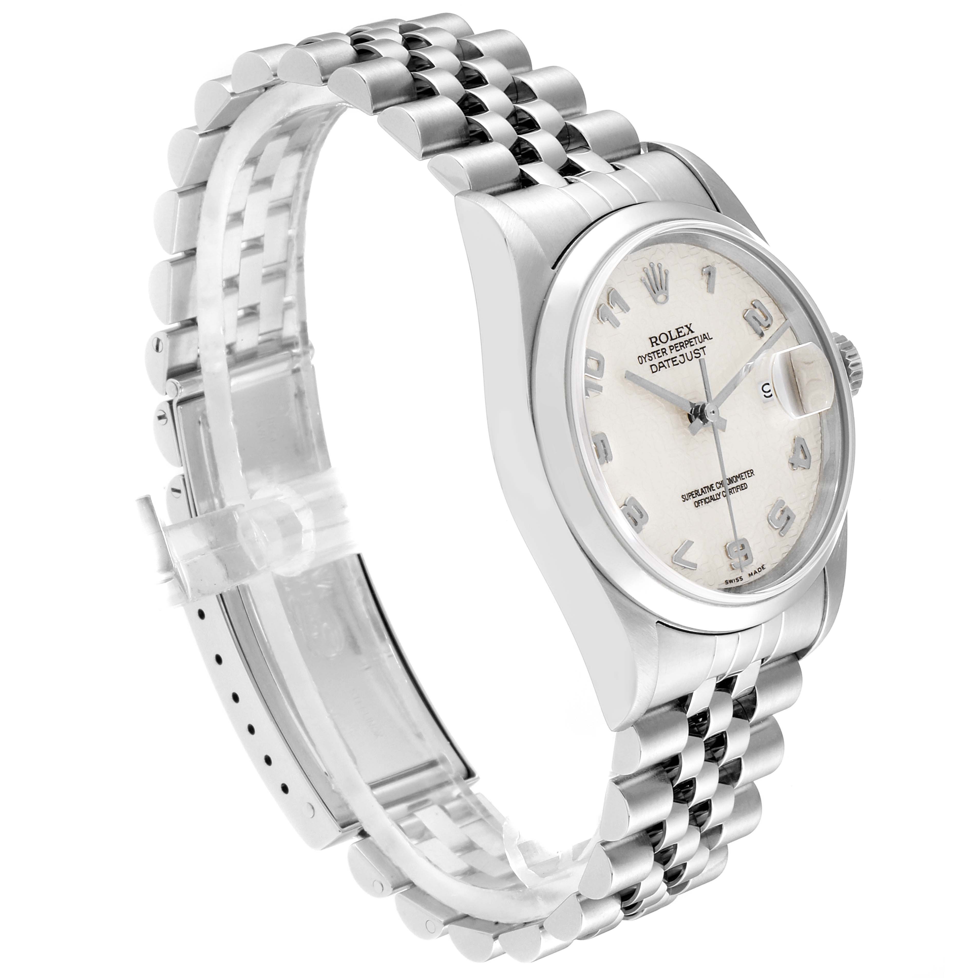 The image shows a Rolex Datejust 16200 Men's Stainless Steel Silver Dial 16200 Men's Stainless Steel Silver Dial watch at a three-quarter angle, featuring the dial, case, and Jubilee bracelet.