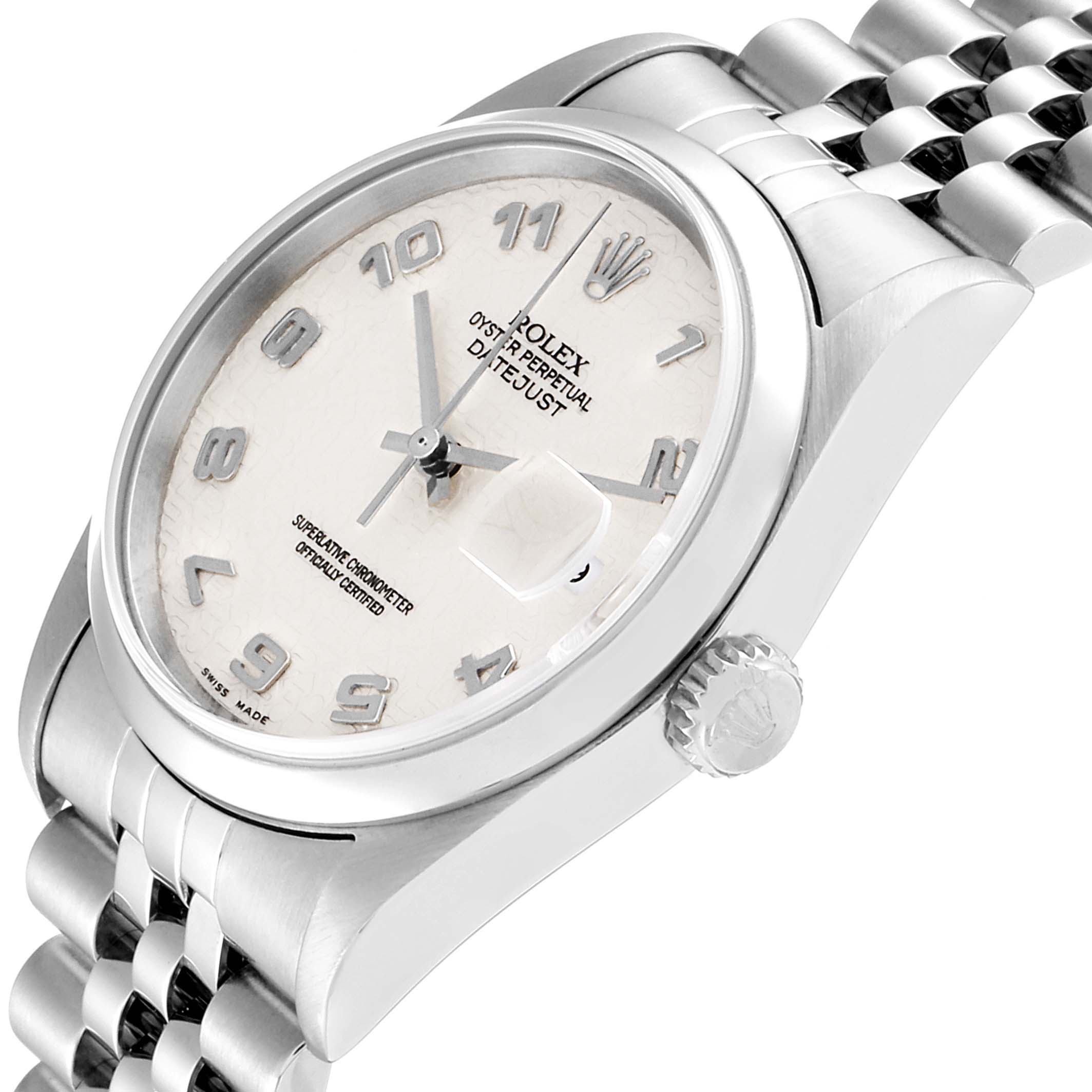 This image shows a close-up angled view of the Rolex Datejust 16200 Men's Stainless Steel Silver Dial 16200 Men's Stainless Steel Silver Dial watch, highlighting the dial, crown, and part of the bracelet.