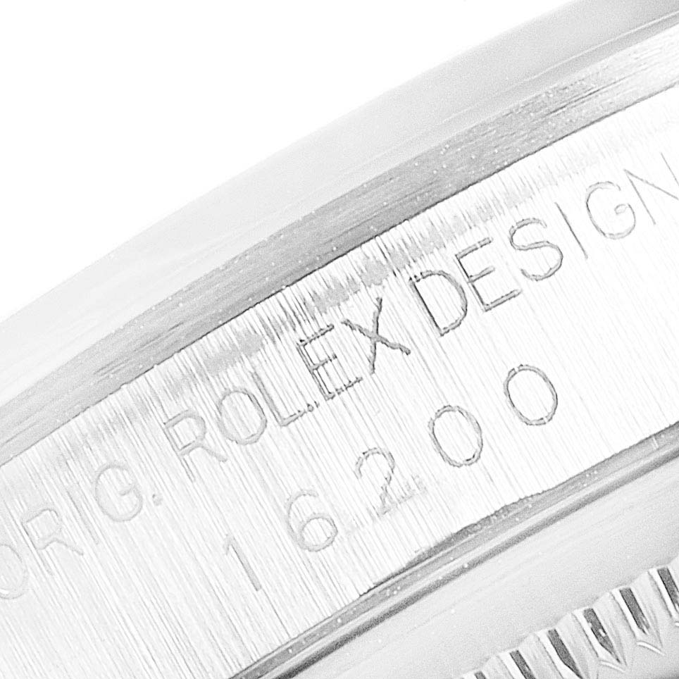 The image shows a close-up of the case side of a Rolex Datejust 16200 Men's Stainless Steel Silver Dial 16200 Men's Stainless Steel Silver Dial watch, highlighting the model and brand engravings.