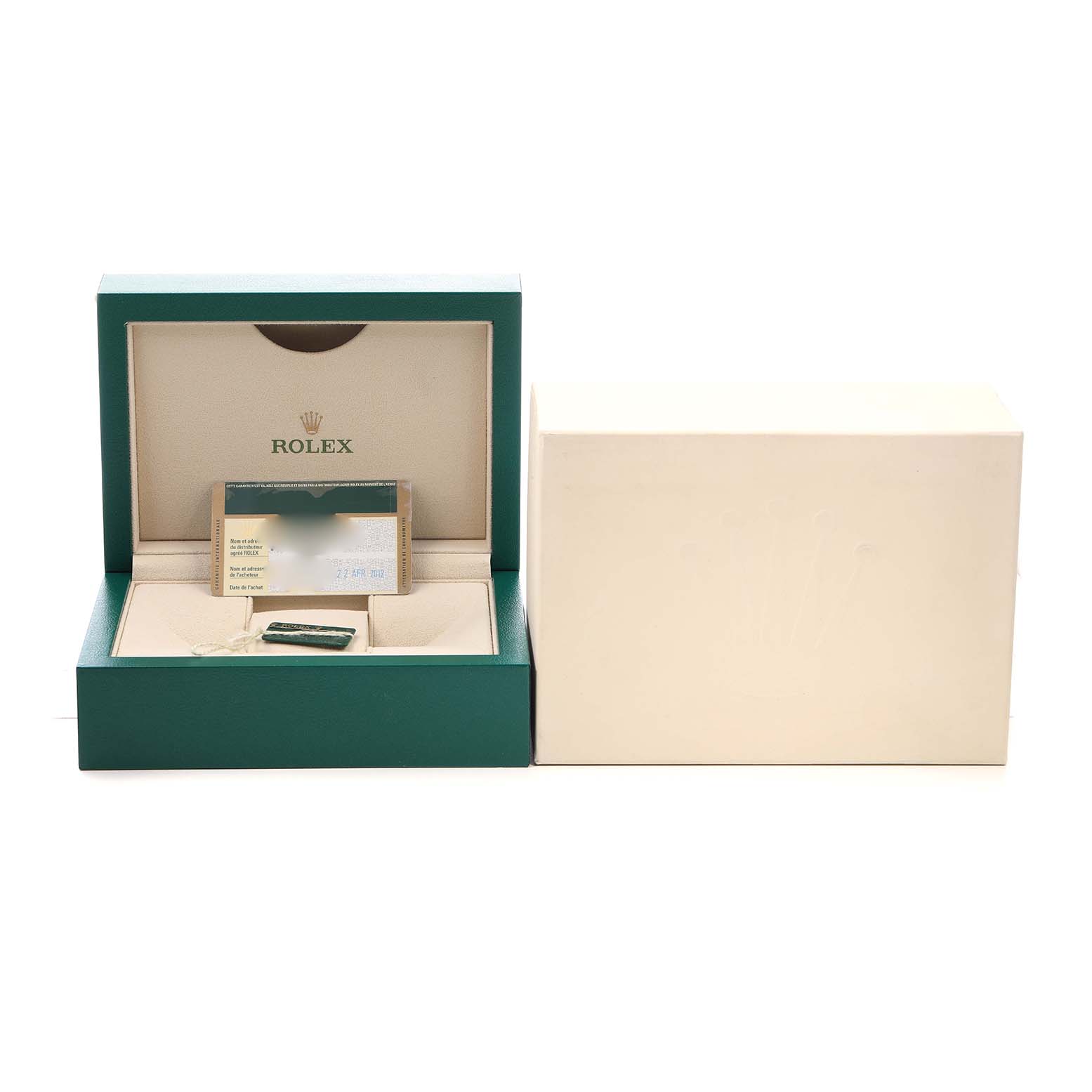 The image shows a Rolex Datejust 41 116334 Men's Stainless Steel Silver Dial box set with guarantee card and tag, viewed from the front.
