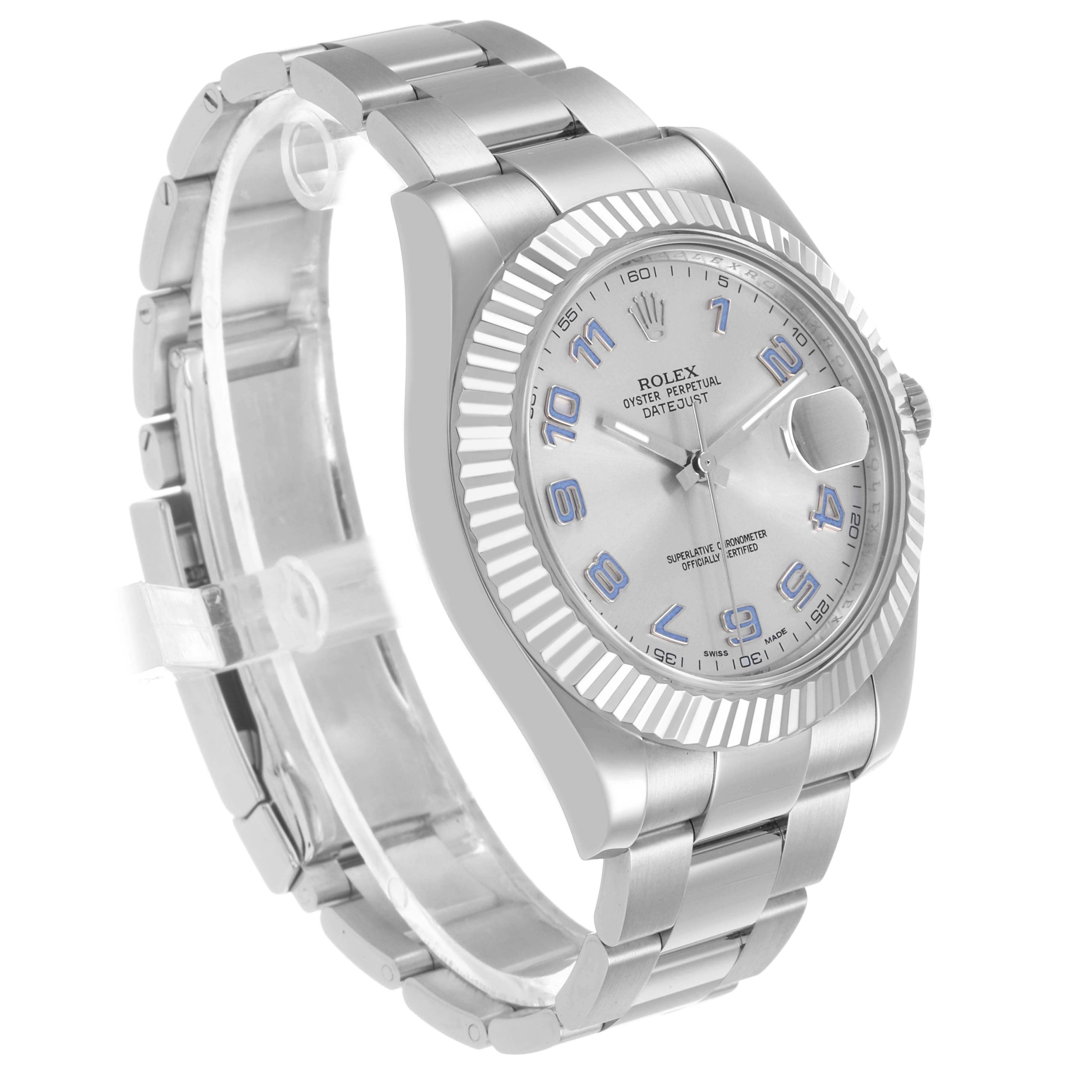 The Rolex Datejust 41 116334 Men's Stainless Steel Silver Dial is shown at a slight angle, highlighting its dial, bezel, bracelet, and side profile.