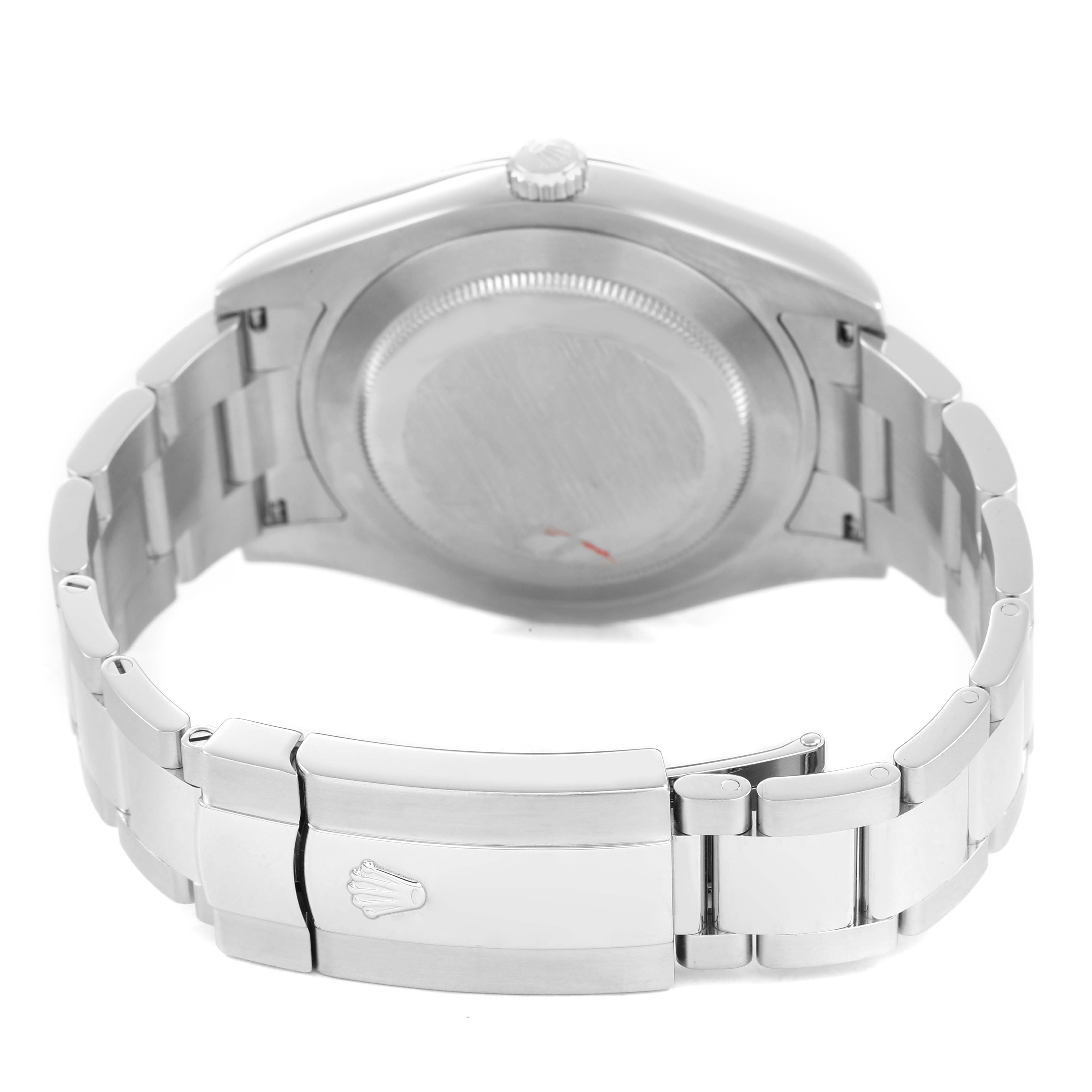 The image shows the back of the Rolex Datejust 41 116334 Men's Stainless Steel Silver Dial, highlighting the case back, crown, and bracelet with the clasp.