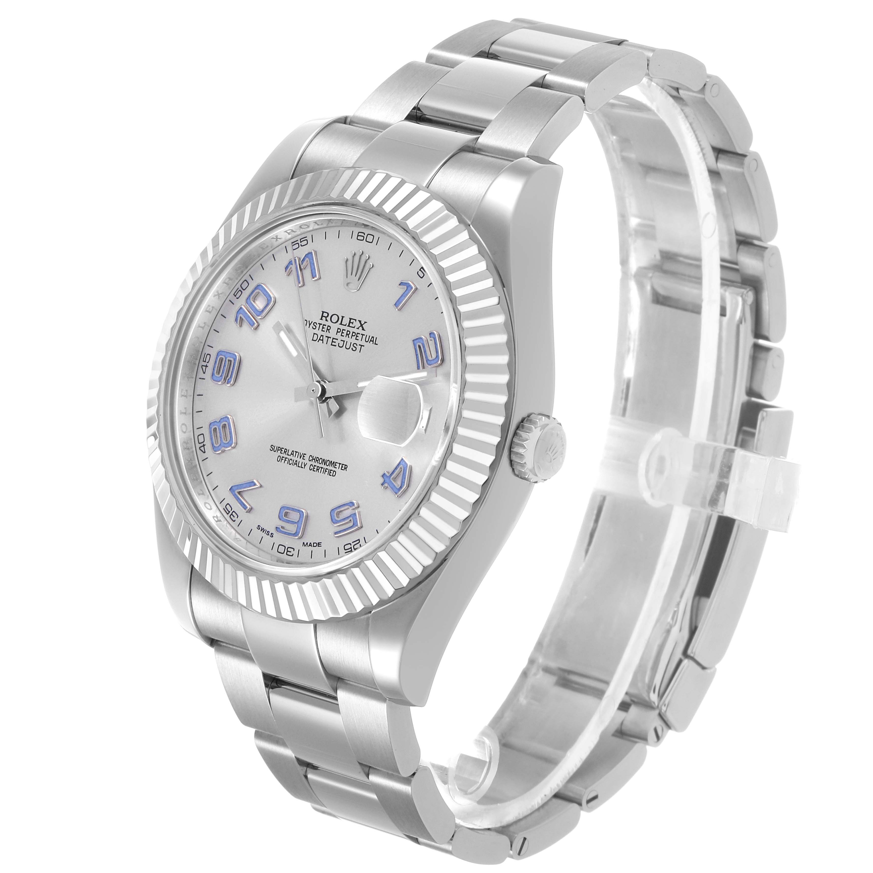 The Rolex Datejust 41 116334 Men's Stainless Steel Silver Dial is shown at a three-quarter angle, highlighting its fluted bezel, bracelet, and side profile.