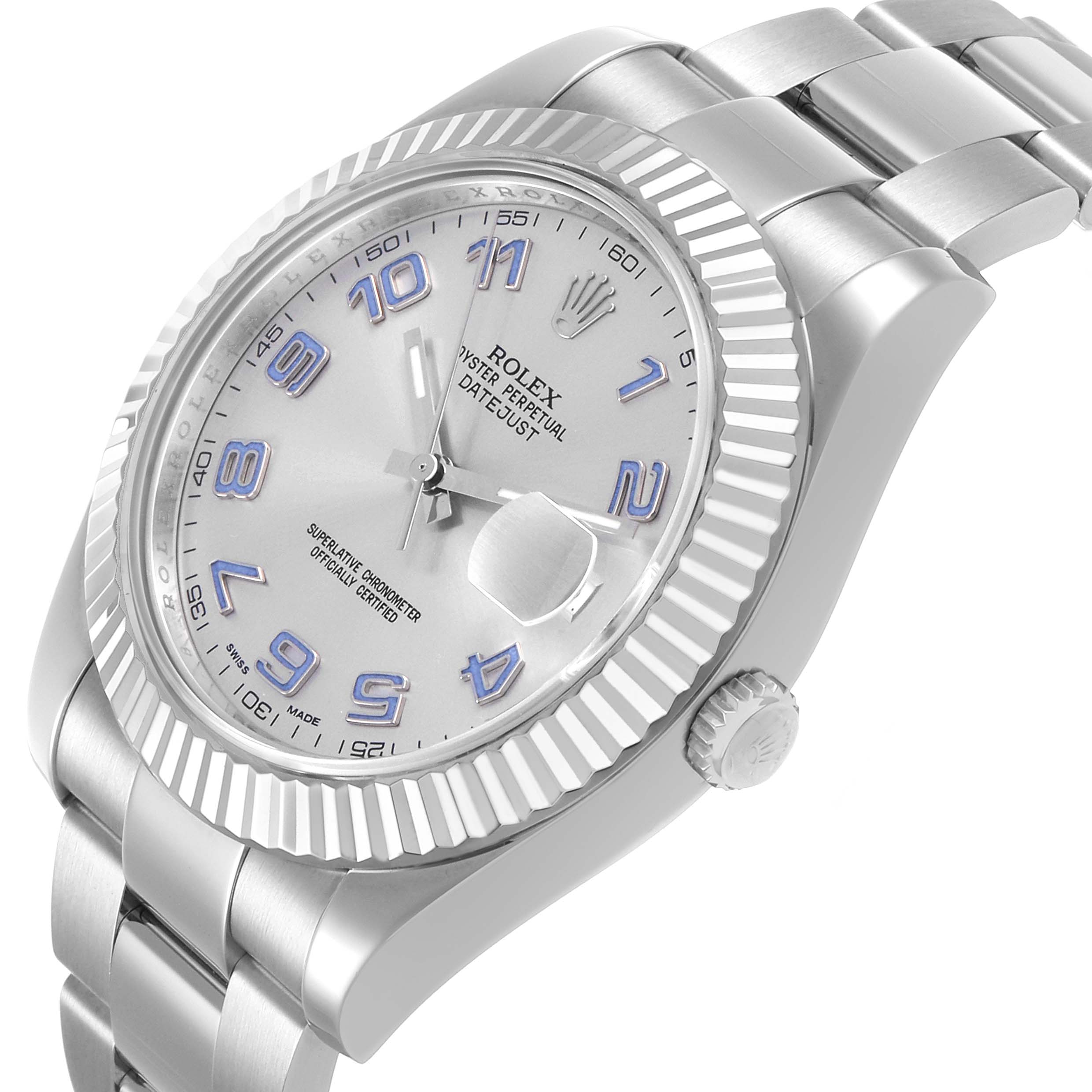 The Rolex Datejust 41 116334 Men's Stainless Steel Silver Dial is shown from an angled view highlighting the fluted bezel, dial, and part of the bracelet.