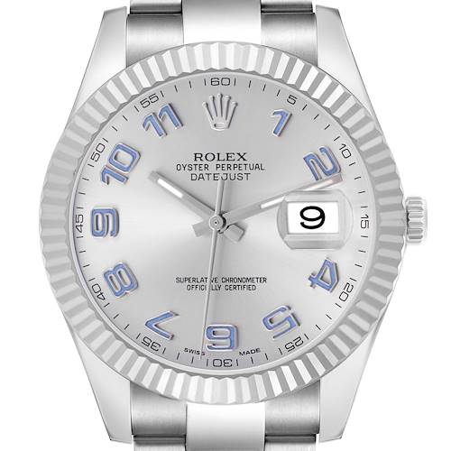 The Rolex Datejust 41 116334 Men's Stainless Steel Silver Dial watch is shown from a front angle, displaying the dial, bezel, and part of the bracelet.