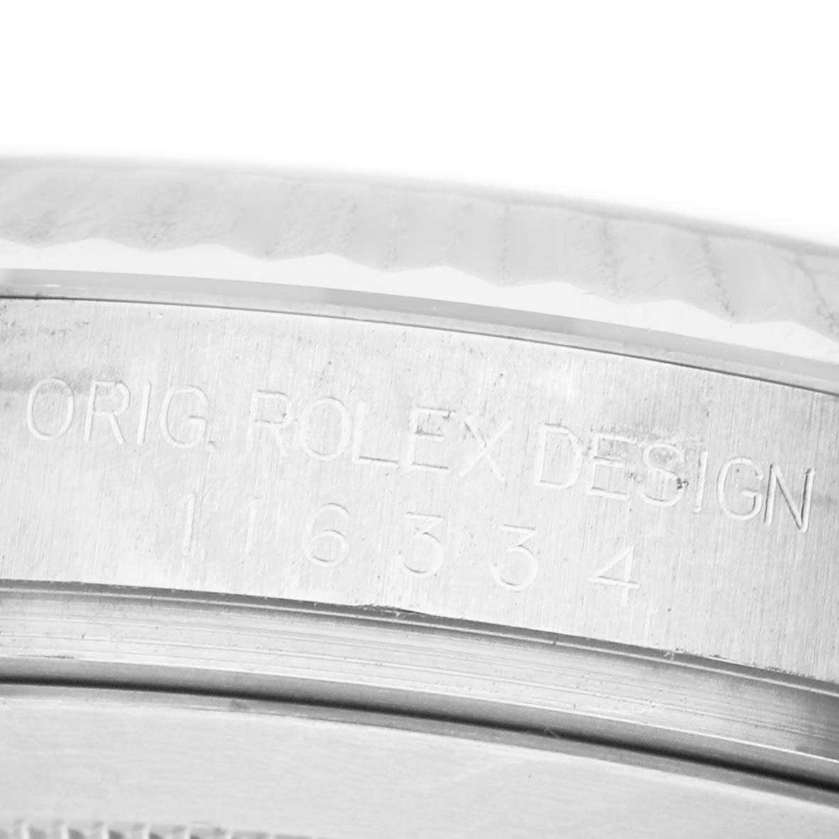 The image shows an engraved side view of the case of a Rolex Datejust 41 116334 Men's Stainless Steel Silver Dial, highlighting the "Original Rolex Design" inscription.