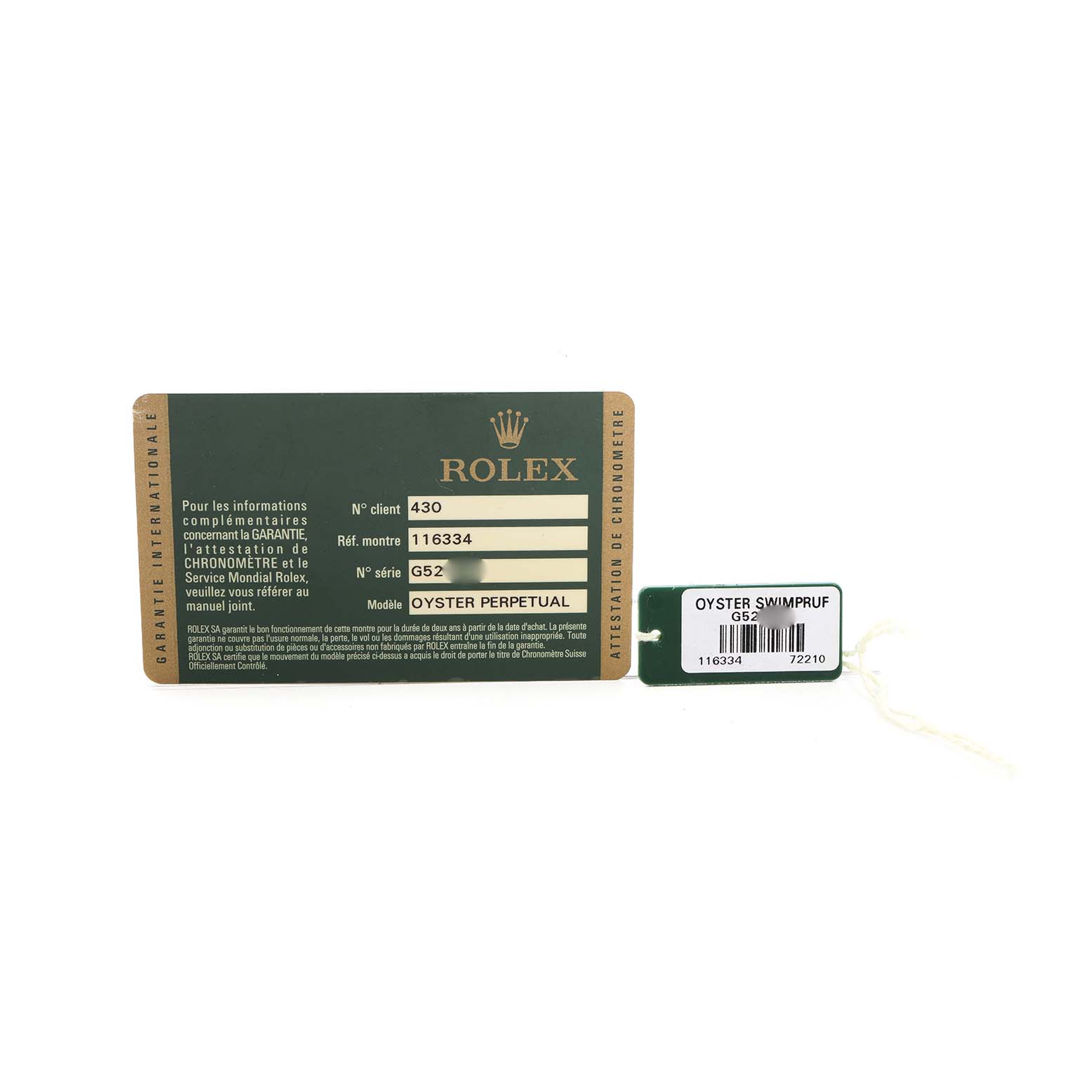 The image shows a warranty card and a tag for a Rolex Datejust 41 116334 Men's Stainless Steel Silver Dial, model 116334, with no watch visible.