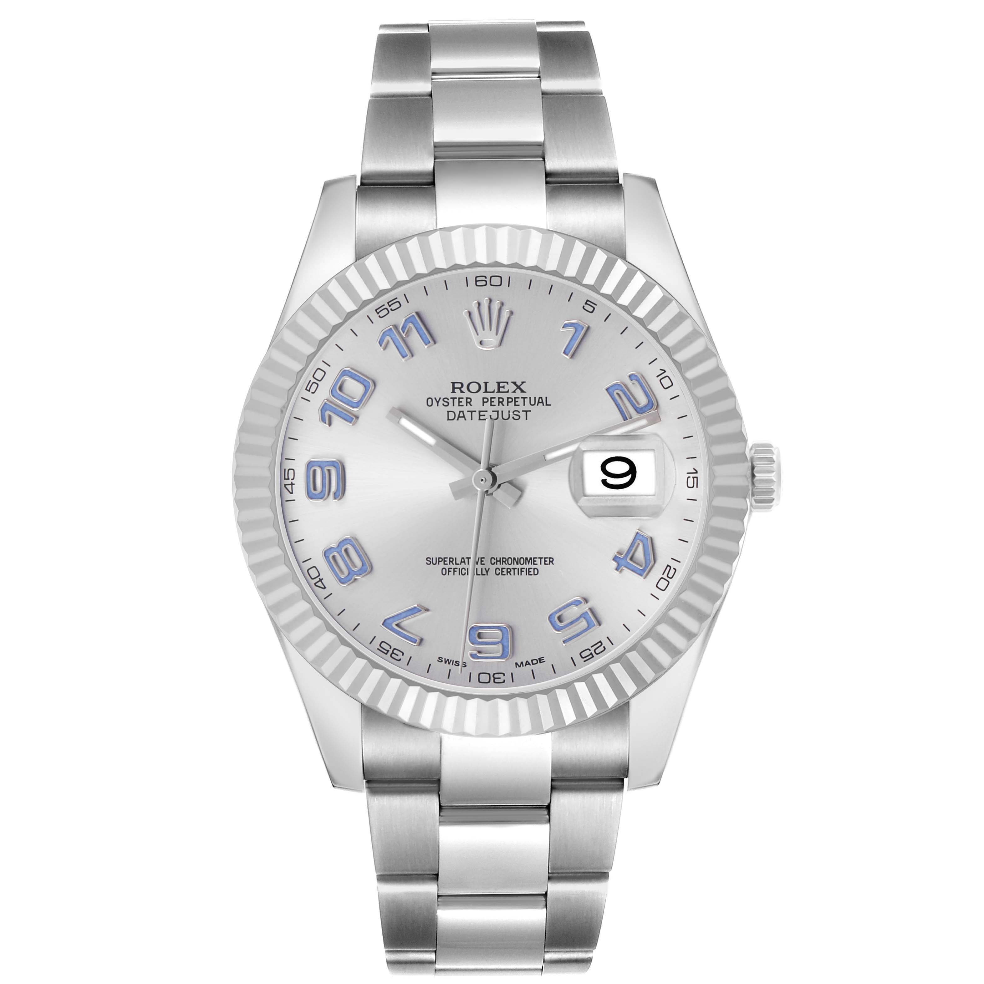 This Rolex Datejust 41 116334 Men's Stainless Steel Silver Dial watch is shown from a front angle, displaying the dial, hands, bracelet, and fluted bezel.