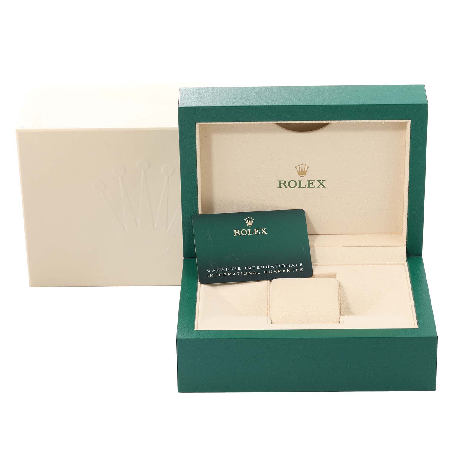 This image shows a Rolex Mid-Size 278343RBR Women's Steel and Gold (two tone) Green Dial 278343RBR Women's Steel and Gold (two tone) Green Dial watch box, along with an international guarantee card inside.