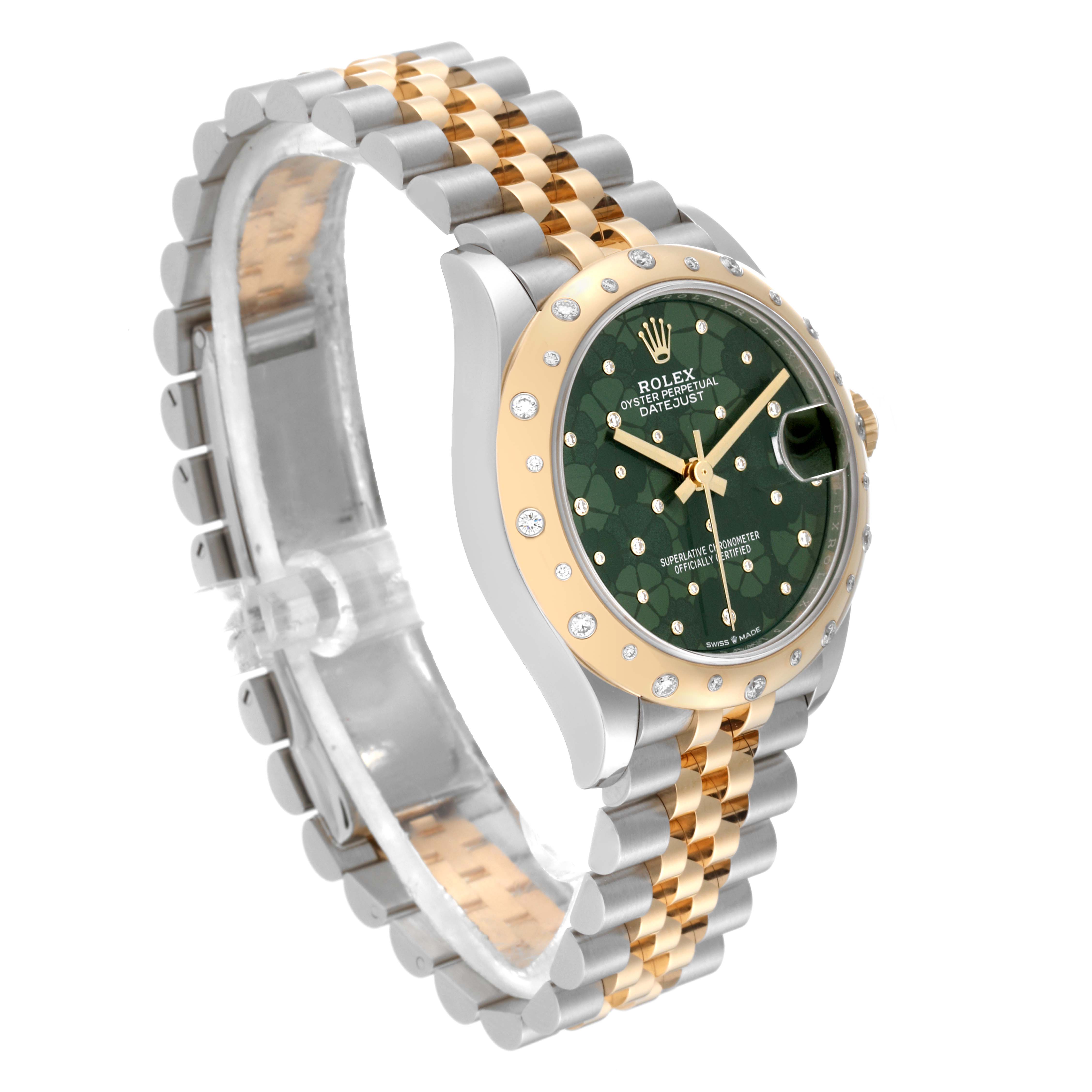 The image shows a Rolex Mid-Size 278343RBR Women's Steel and Gold (two tone) Green Dial 278343RBR Women's Steel and Gold (two tone) Green Dial model watch angled from the front left, highlighting its bracelet, bezel, and dial.