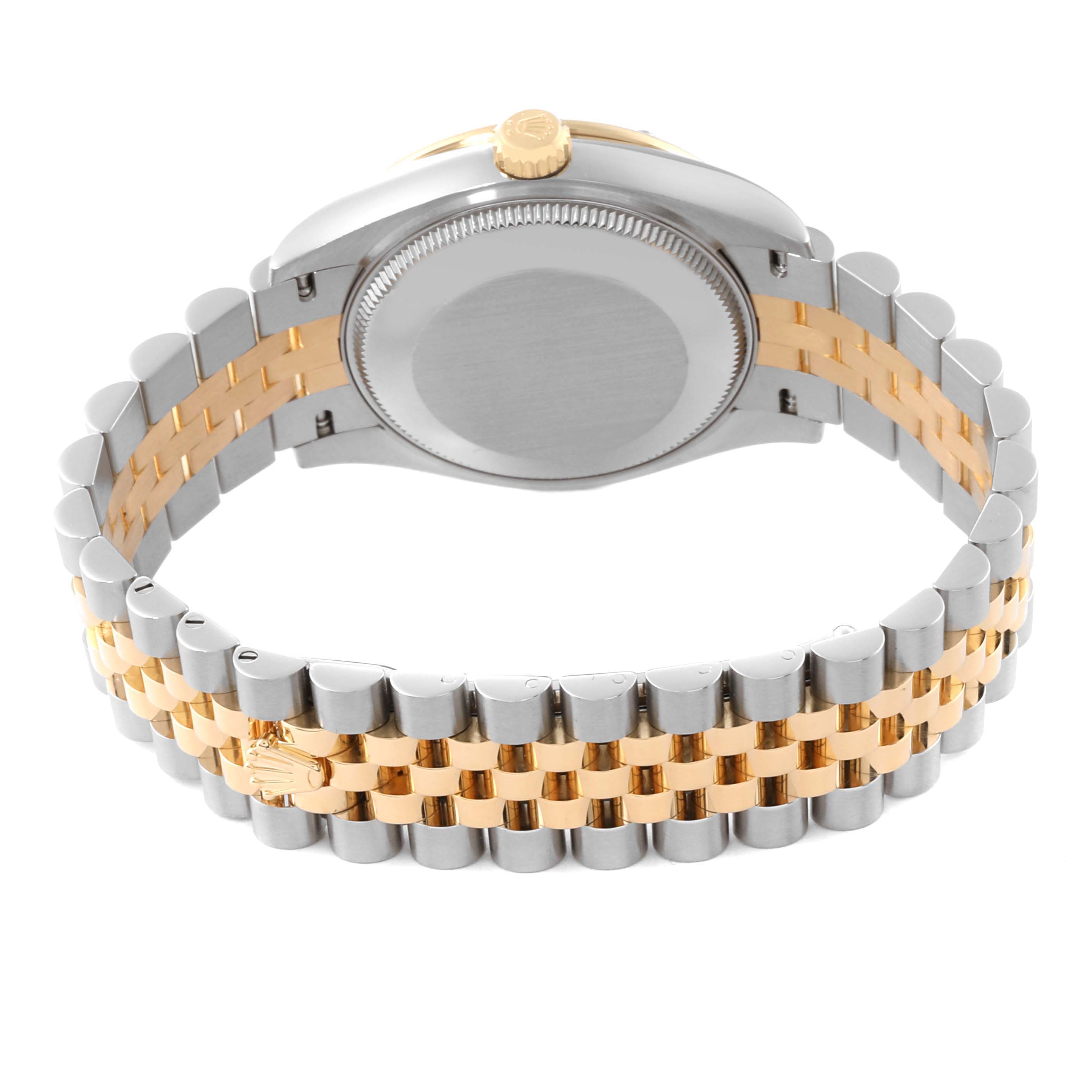 This image shows the back and bracelet of a Rolex Mid-Size 278343RBR Women's Steel and Gold (two tone) Green Dial 278343RBR Women's Steel and Gold (two tone) Green Dial model watch, highlighting the two-tone metal design.