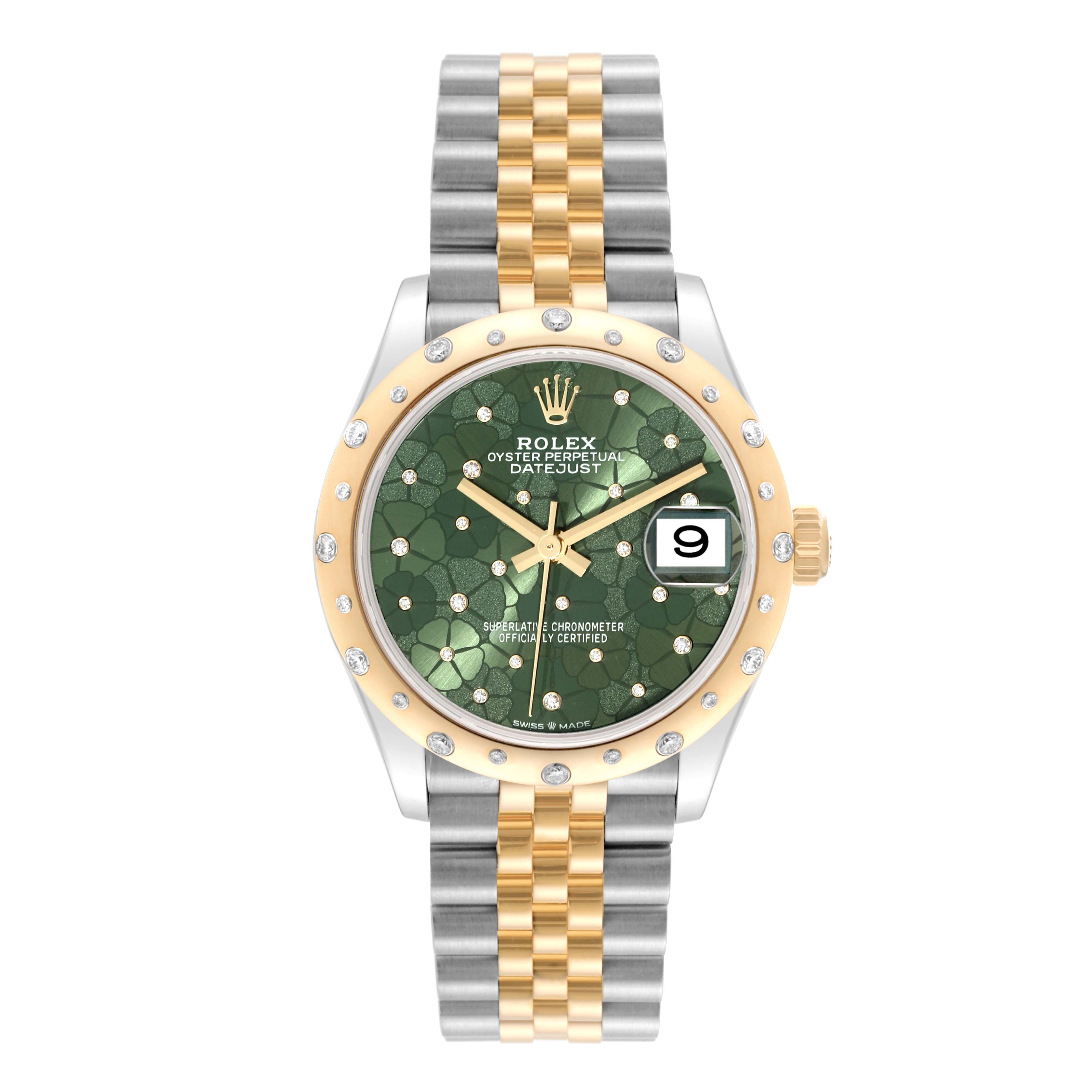 The Rolex Mid-Size 278343RBR Women's Steel and Gold (two tone) Green Dial 278343RBR Women's Steel and Gold (two tone) Green Dial model watch is shown from a top view, highlighting the face, bezel, and Jubilee bracelet.