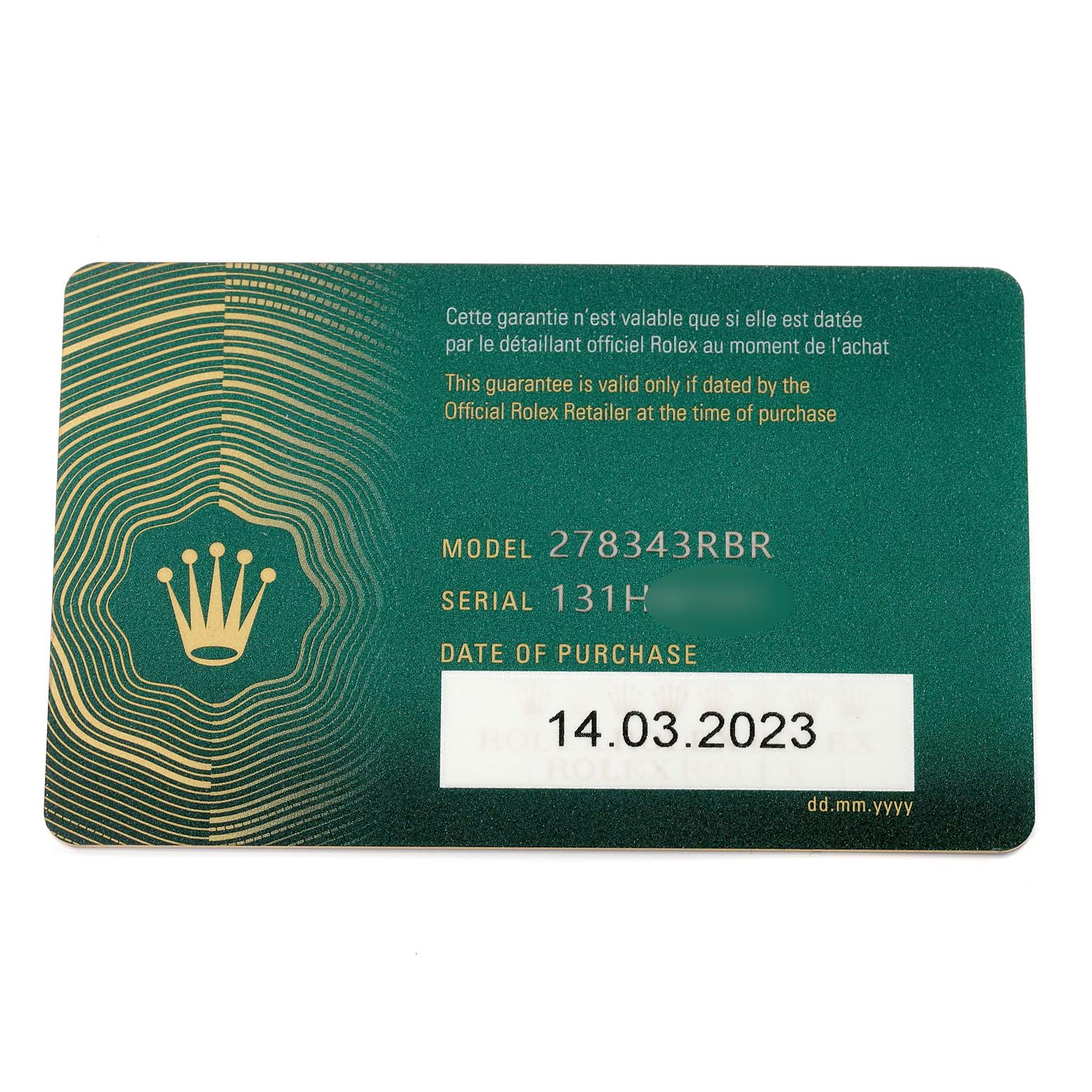 The image shows an official guarantee card for the Rolex Mid-Size 278343RBR Women's Steel and Gold (two tone) Green Dial 278343RBR Women's Steel and Gold (two tone) Green Dial model 278343RBR.