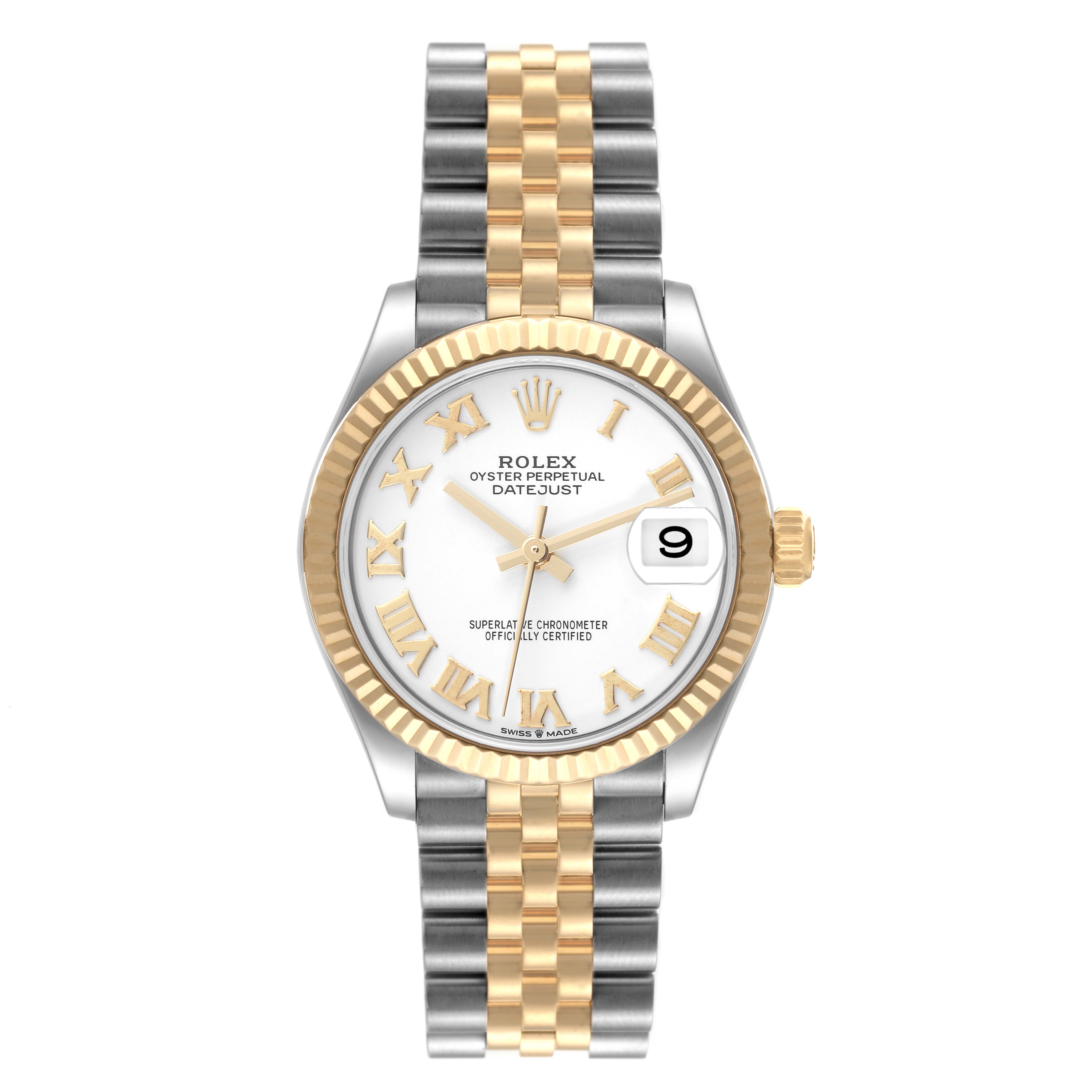 This image shows a front view of a Rolex Mid-Size 278273 Women's Steel and Gold (two tone) White Dial 278273 Women's Steel and Gold (two tone) White Dial Oyster Perpetual Datejust watch with a two-tone bracelet and a fluted gold bezel.