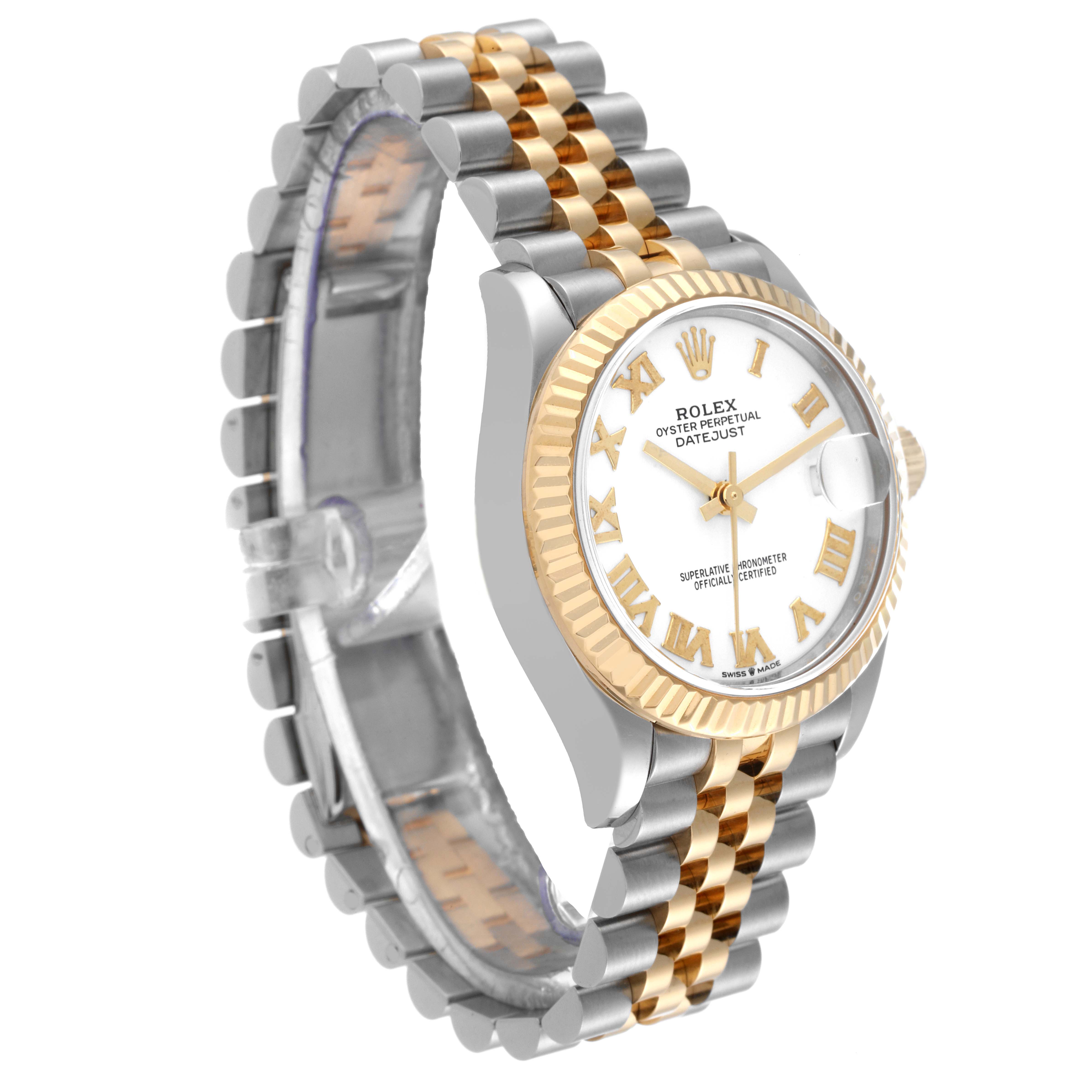 The image shows a side angle view of a Rolex Mid-Size 278273 Women's Steel and Gold (two tone) White Dial 278273 Women's Steel and Gold (two tone) White Dial Oyster Perpetual Datejust, highlighting the two-tone bracelet and fluted bezel.