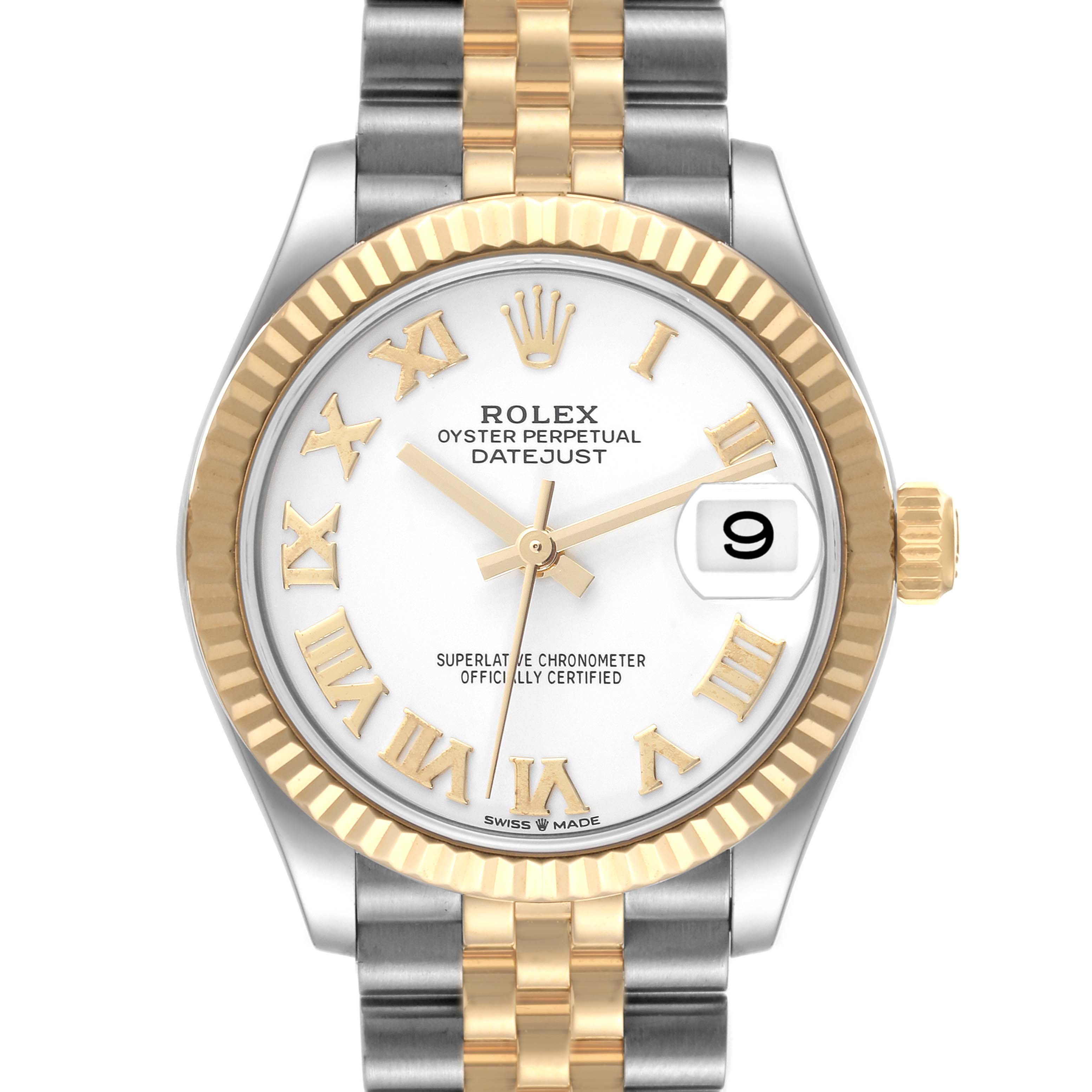 This is a front view of the Rolex Mid-Size 278273 Women's Steel and Gold (two tone) White Dial 278273 Women's Steel and Gold (two tone) White Dial Datejust watch showing the dial, bezel, crown, and bracelet.