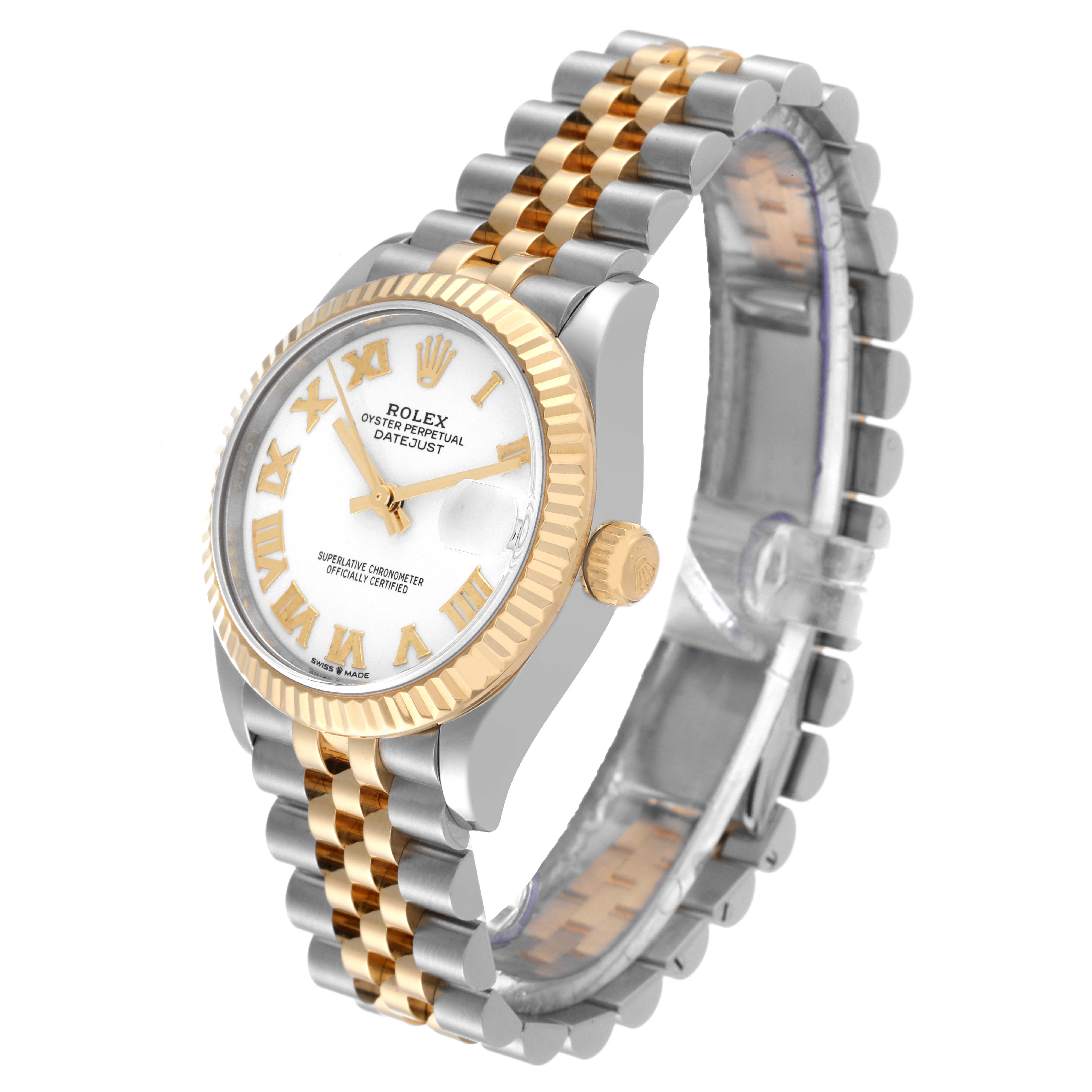 The Rolex Mid-Size 278273 Women's Steel and Gold (two tone) White Dial 278273 Women's Steel and Gold (two tone) White Dial Datejust watch is shown from a slight side angle, highlighting the dial, bezel, and bracelet.