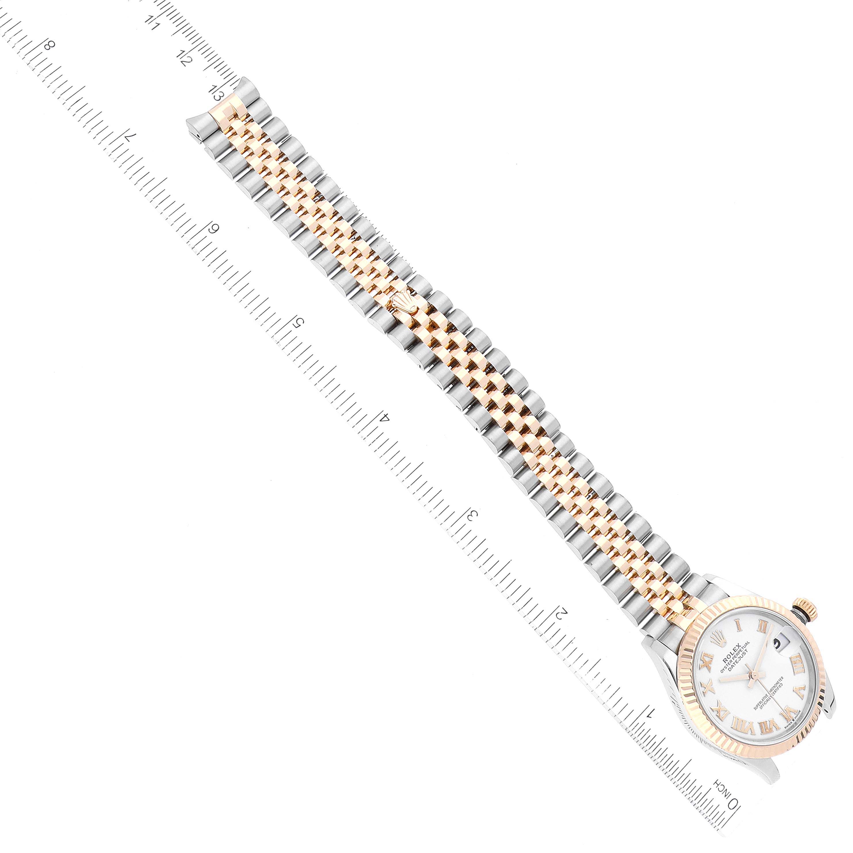 This angled view shows the Rolex Mid-Size 278273 Women's Steel and Gold (two tone) White Dial 278273 Women's Steel and Gold (two tone) White Dial watch's full bracelet and dial, measured with a ruler.