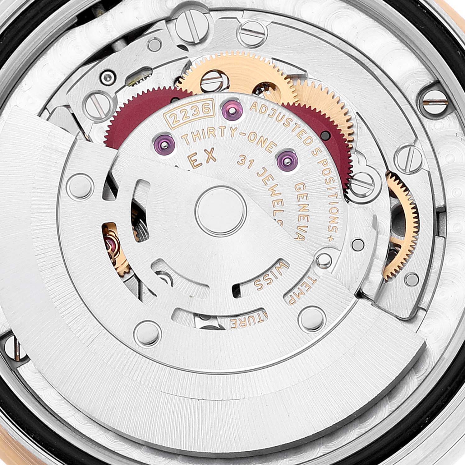 This image shows an internal view of the Rolex Mid-Size 278273 Women's Steel and Gold (two tone) White Dial 278273 Women's Steel and Gold (two tone) White Dial watch movement, highlighting gears and the rotor mechanism.