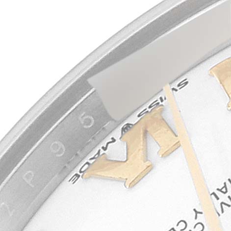 The image shows a close-up of the dial, bezel, and part of the Roman numeral hour markers of a Rolex Mid-Size 278273 Women's Steel and Gold (two tone) White Dial 278273 Women's Steel and Gold (two tone) White Dial watch.
