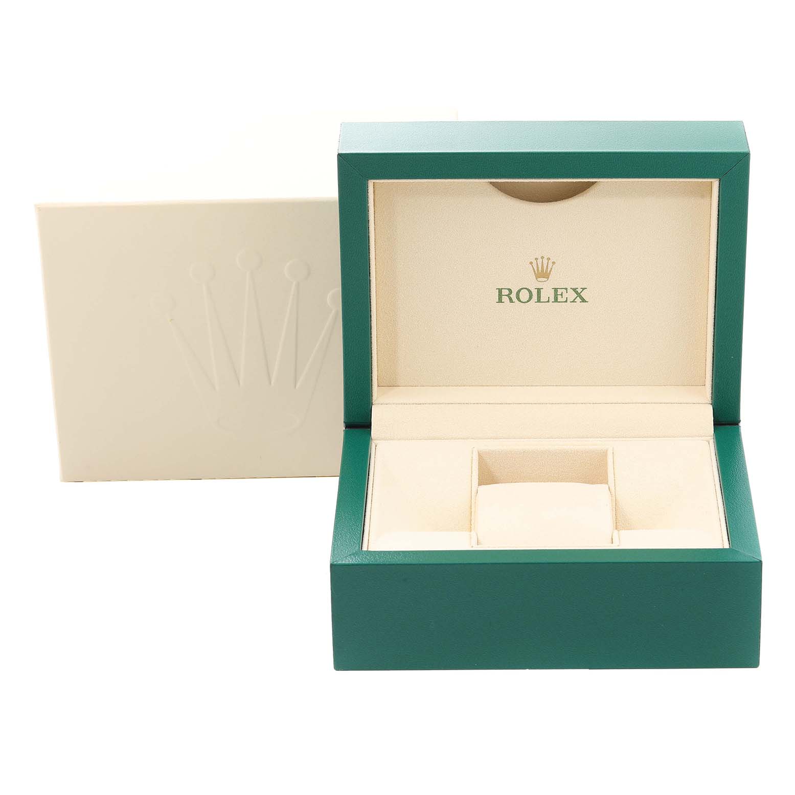 This image shows an open Rolex box, designed for a Mid-Size Rolex model, featuring green and beige colors.