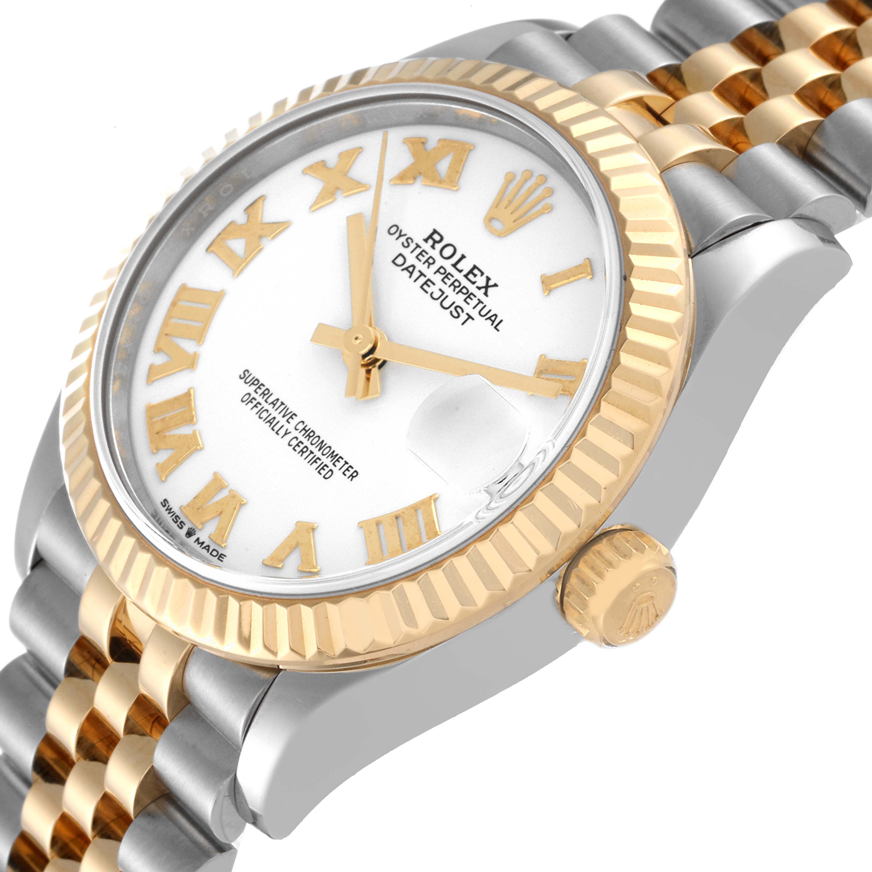 This image shows a close-up angled view of the dial, bezel, crown, and part of the bracelet of a Rolex Mid-Size 278273 Women's Steel and Gold (two tone) White Dial 278273 Women's Steel and Gold (two tone) White Dial Datejust watch.