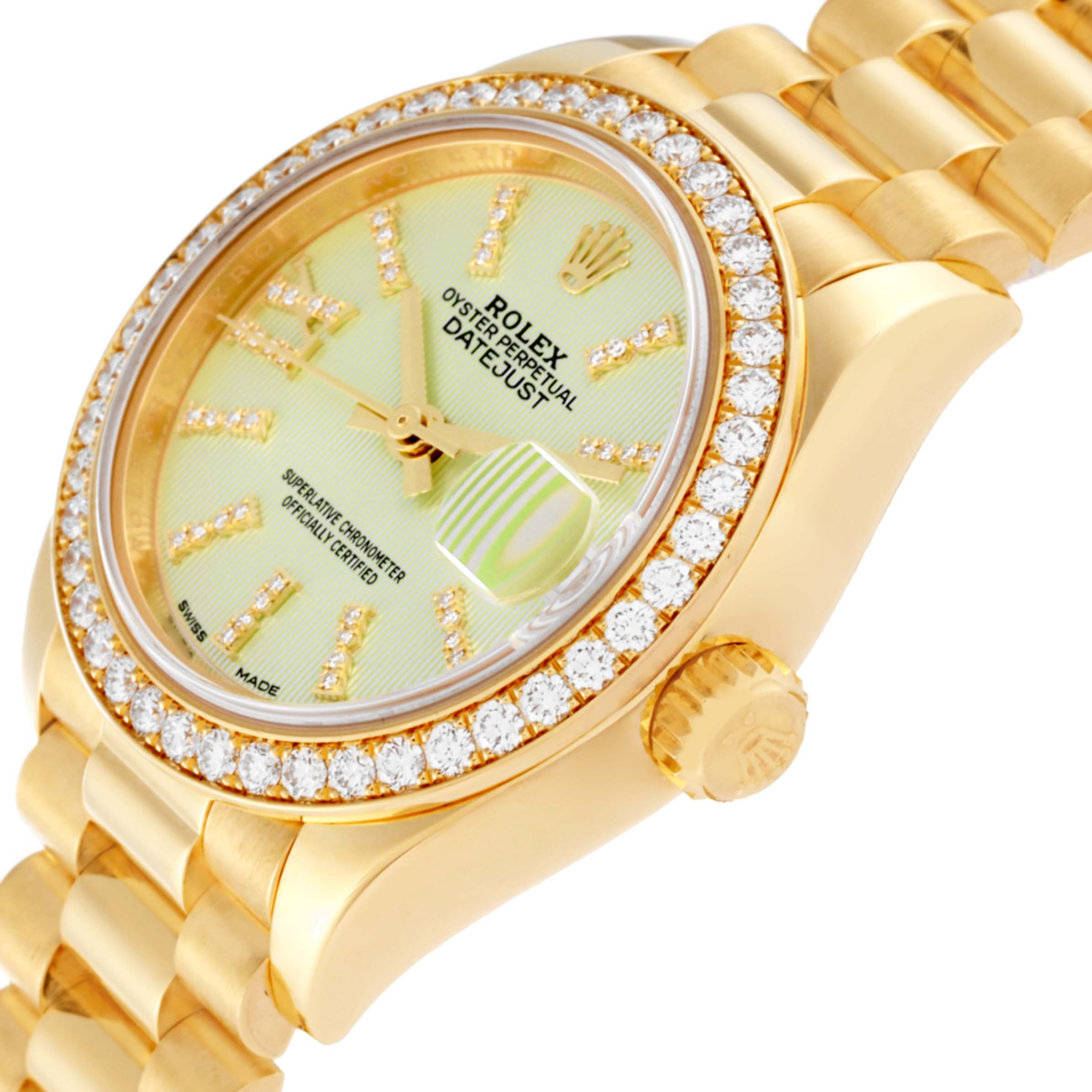 The image shows a close-up angled view of the dial, bezel, crown, and part of the bracelet of the Rolex President 279138 Women's Yellow Gold Green Dial 279138 Women's Yellow Gold Green Dial Datejust watch.