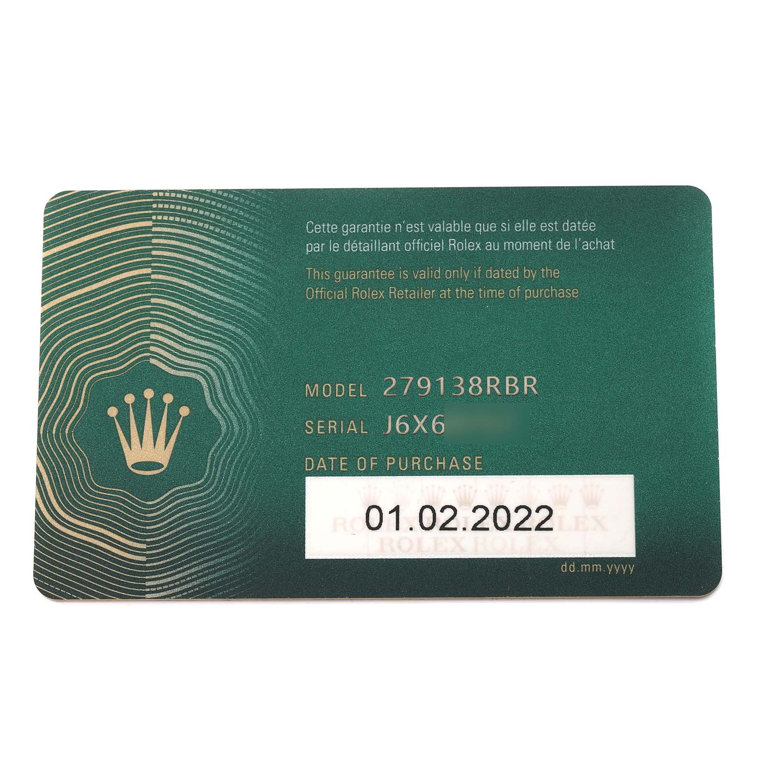 The image shows a warranty card for the Rolex President 279138 Women's Yellow Gold Green Dial 279138 Women's Yellow Gold Green Dial model 279138RBR, with purchase date 01.02.2022.