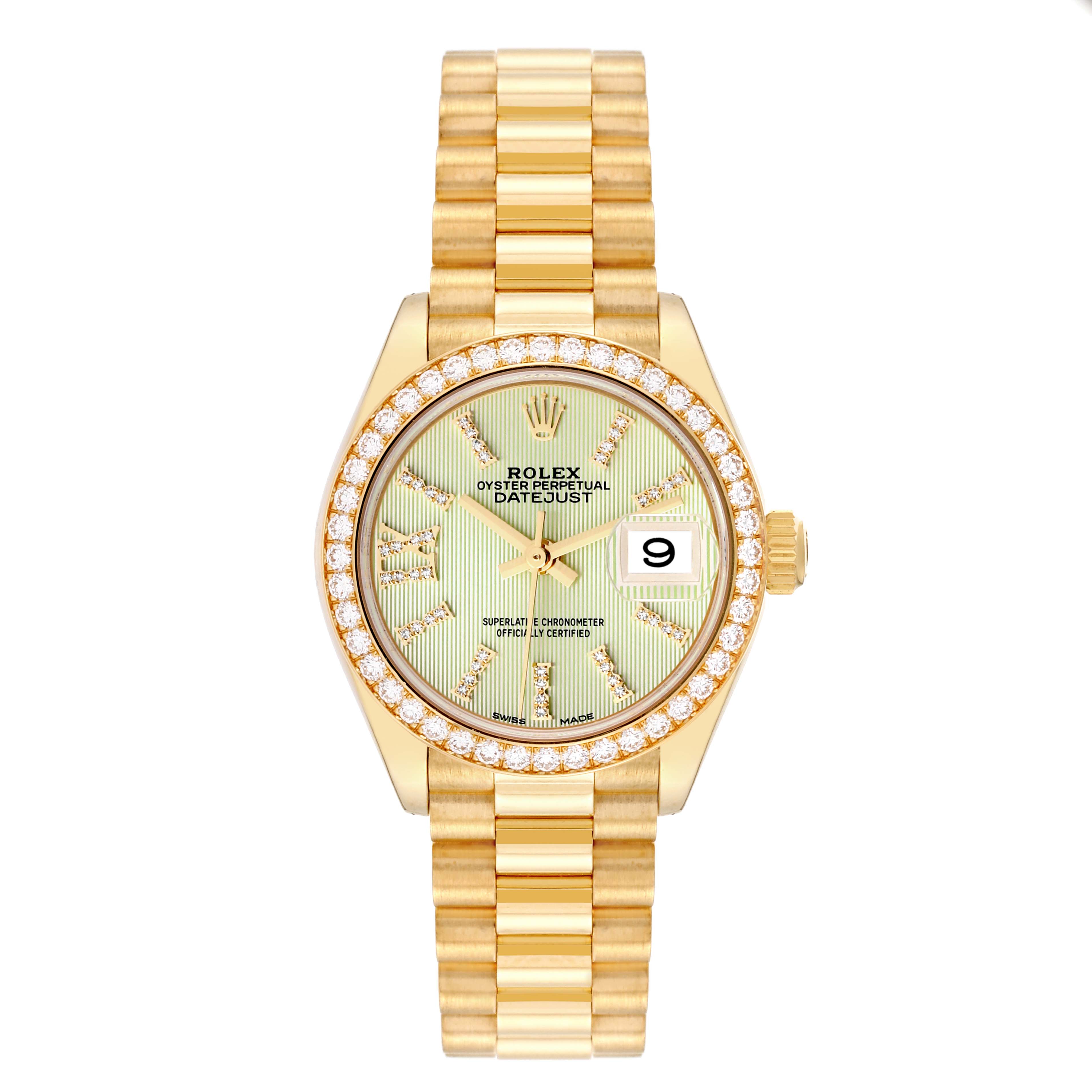 The Rolex President 279138 Women's Yellow Gold Green Dial 279138 Women's Yellow Gold Green Dial model watch is shown from a top-down angle, displaying its dial, bezel, bracelet, and crown.