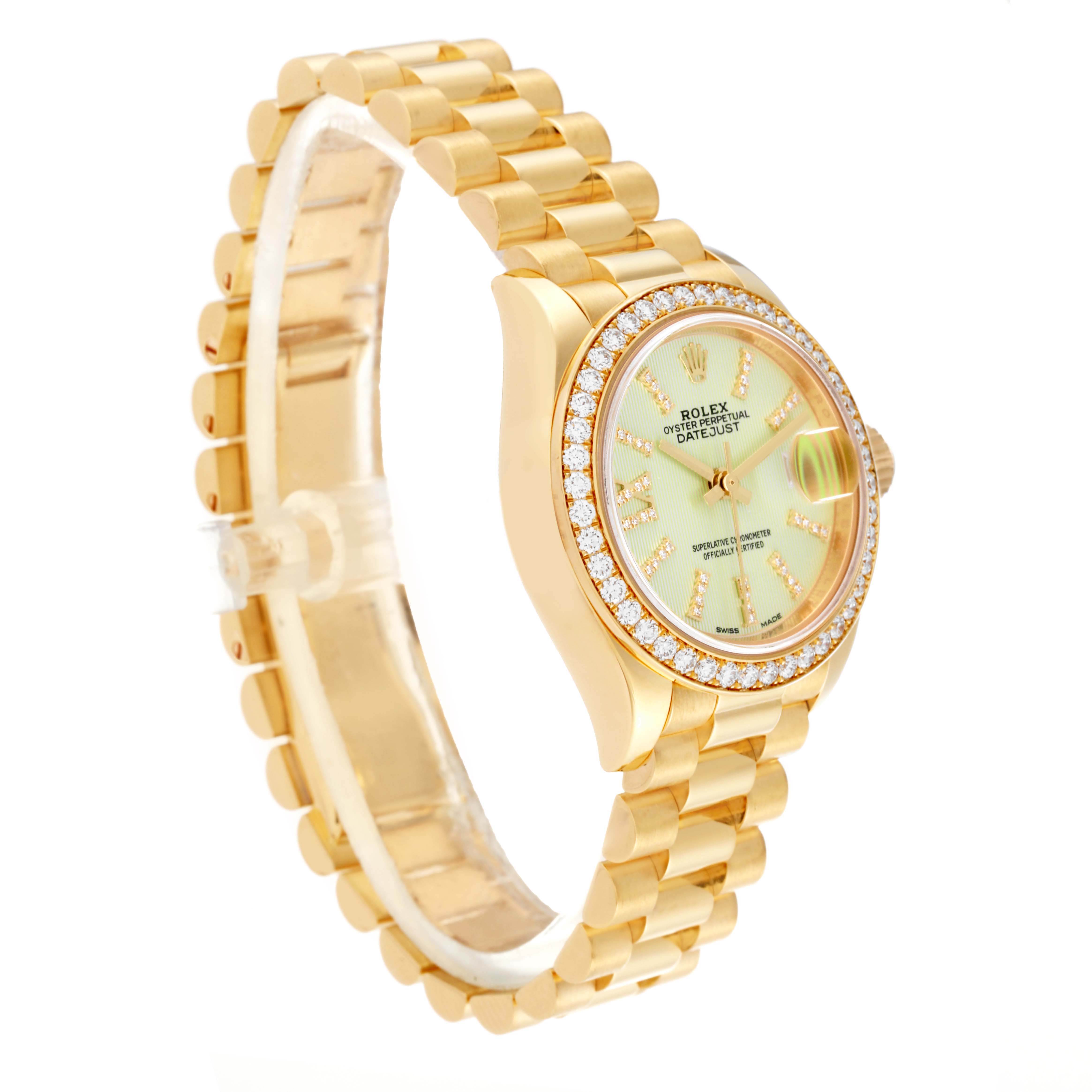 This image displays a side angle view of the Rolex President 279138 Women's Yellow Gold Green Dial 279138 Women's Yellow Gold Green Dial model, showing the face, bezel, and bracelet.