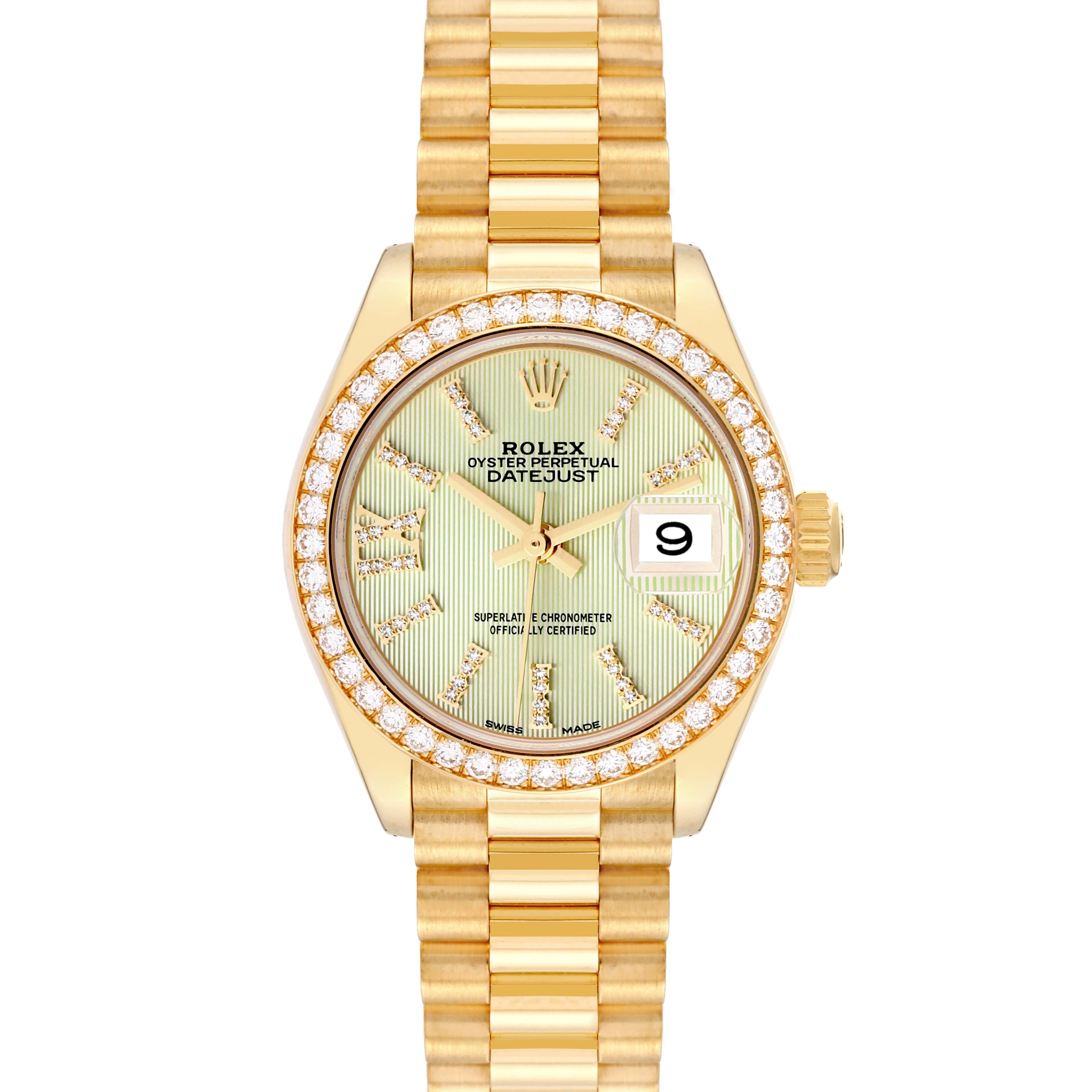 This image shows a frontal view of a Rolex President 279138 Women's Yellow Gold Green Dial 279138 Women's Yellow Gold Green Dial model watch, displaying the face, bezel, and part of the bracelet.