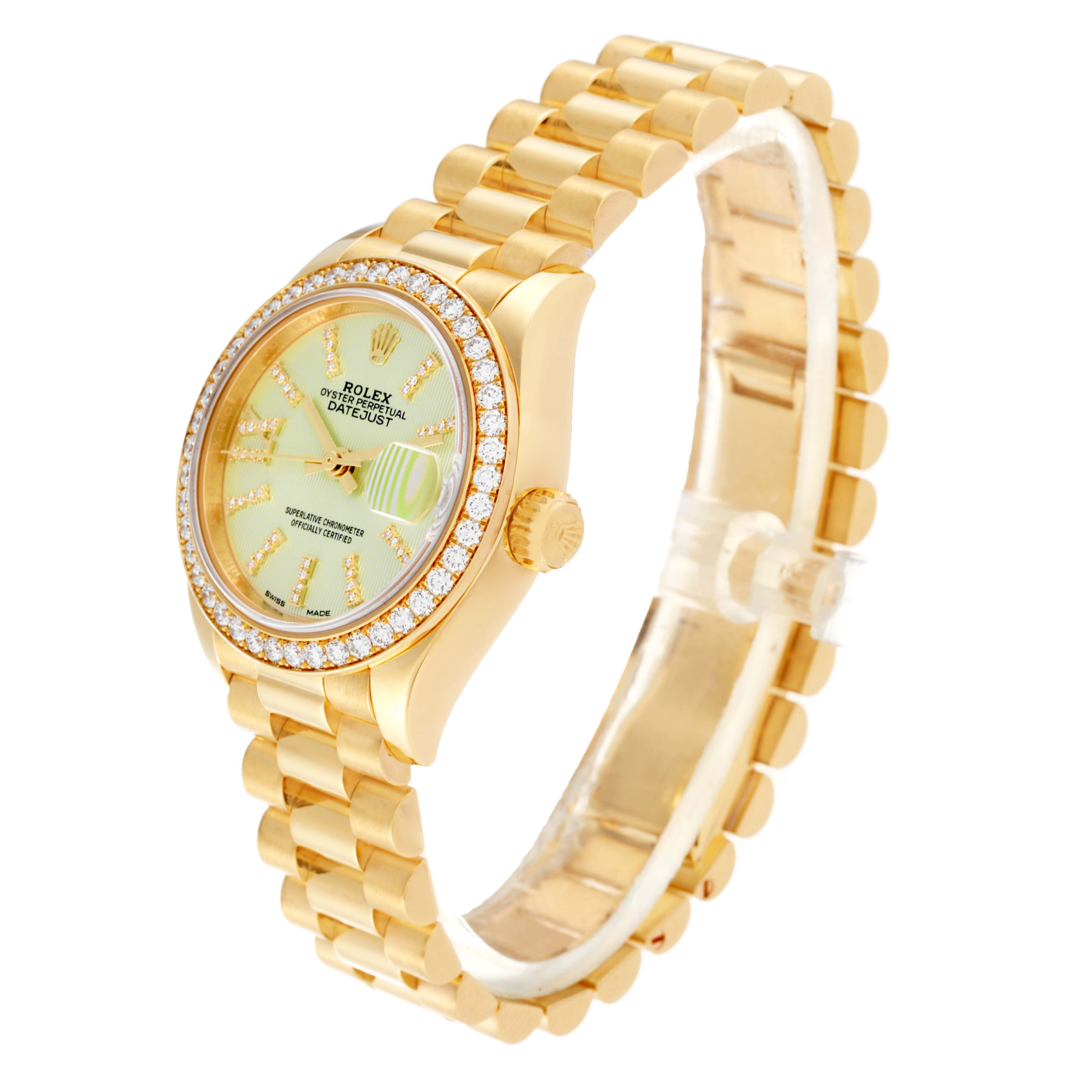 The image shows a Rolex President 279138 Women's Yellow Gold Green Dial 279138 Women's Yellow Gold Green Dial model watch at a tilted angle, featuring its face, bezel, crown, and bracelet.