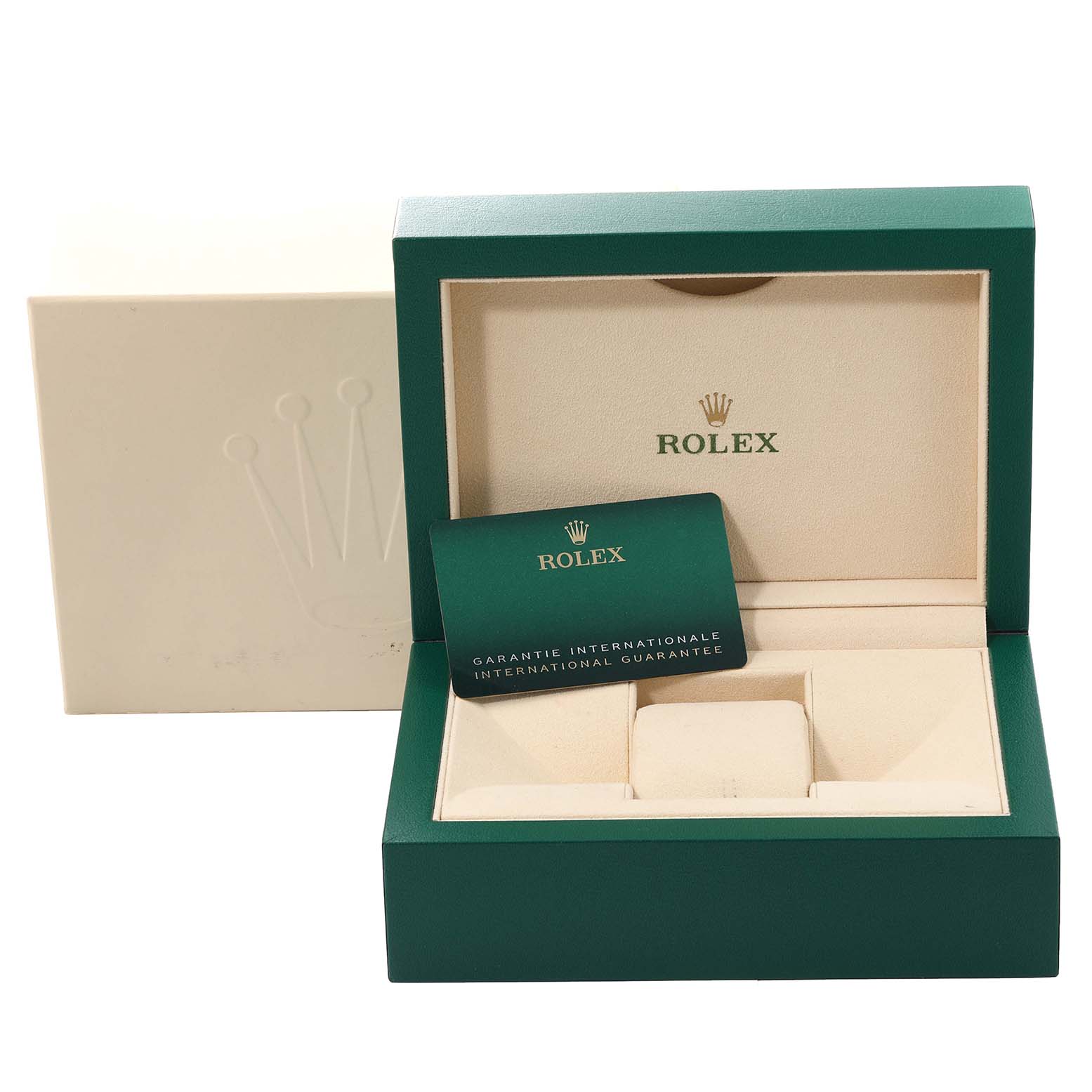 This image shows an open Rolex President 279138 Women's Yellow Gold Green Dial 279138 Women's Yellow Gold Green Dial watch box and a warranty card from a front angle.