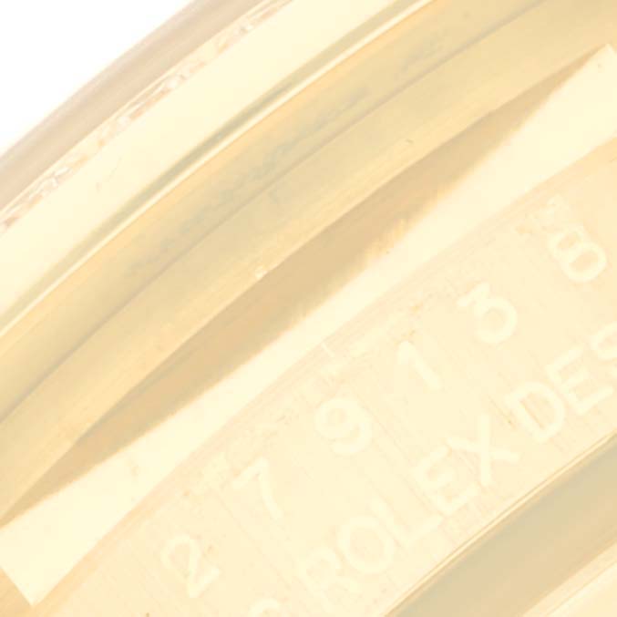 The image shows a close-up angle of the bezel and inner rim of a Rolex President 279138 Women's Yellow Gold Green Dial 279138 Women's Yellow Gold Green Dial model watch.