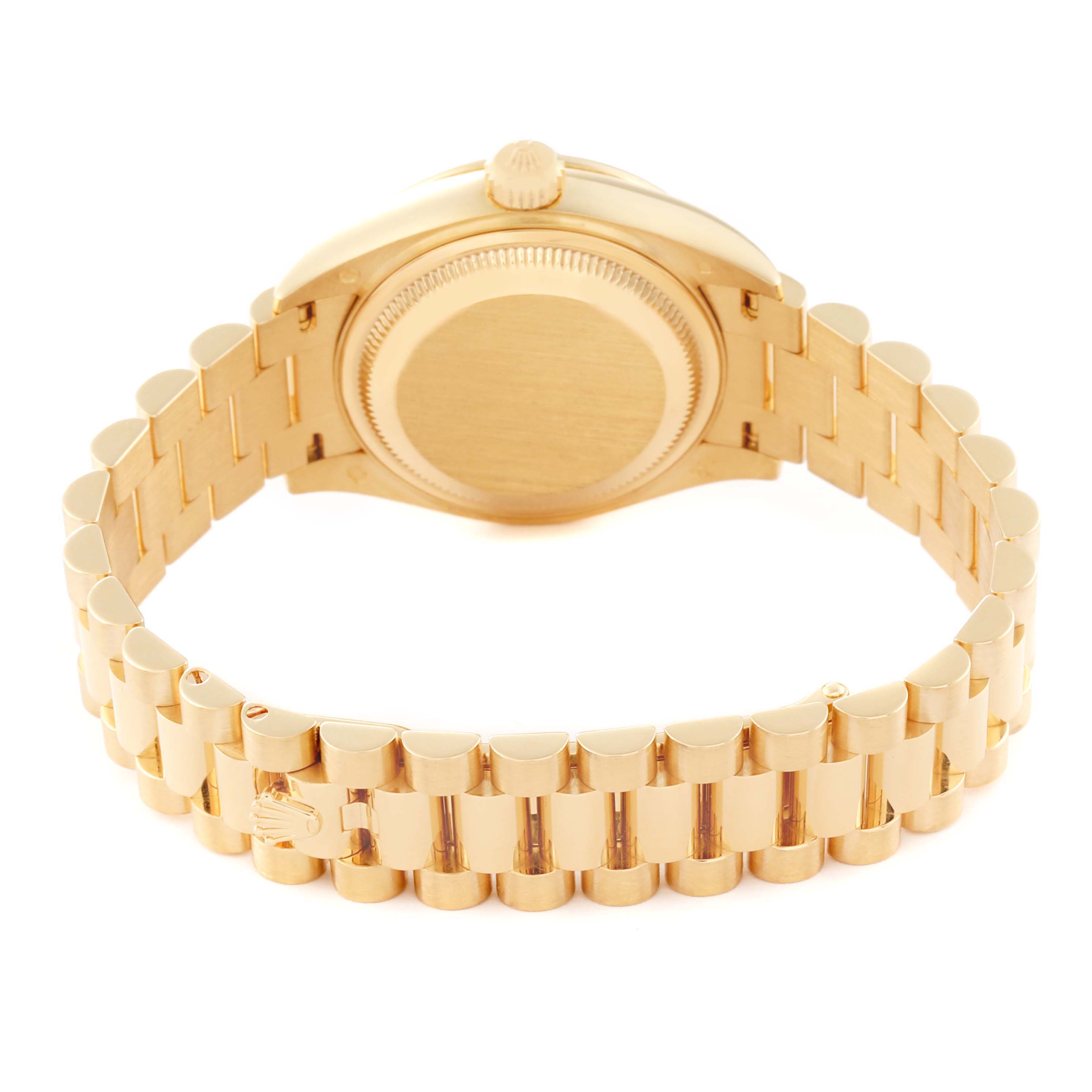 This image shows the back view of the Rolex President 279138 Women's Yellow Gold Green Dial 279138 Women's Yellow Gold Green Dial model watch, highlighting its bracelet and case back.