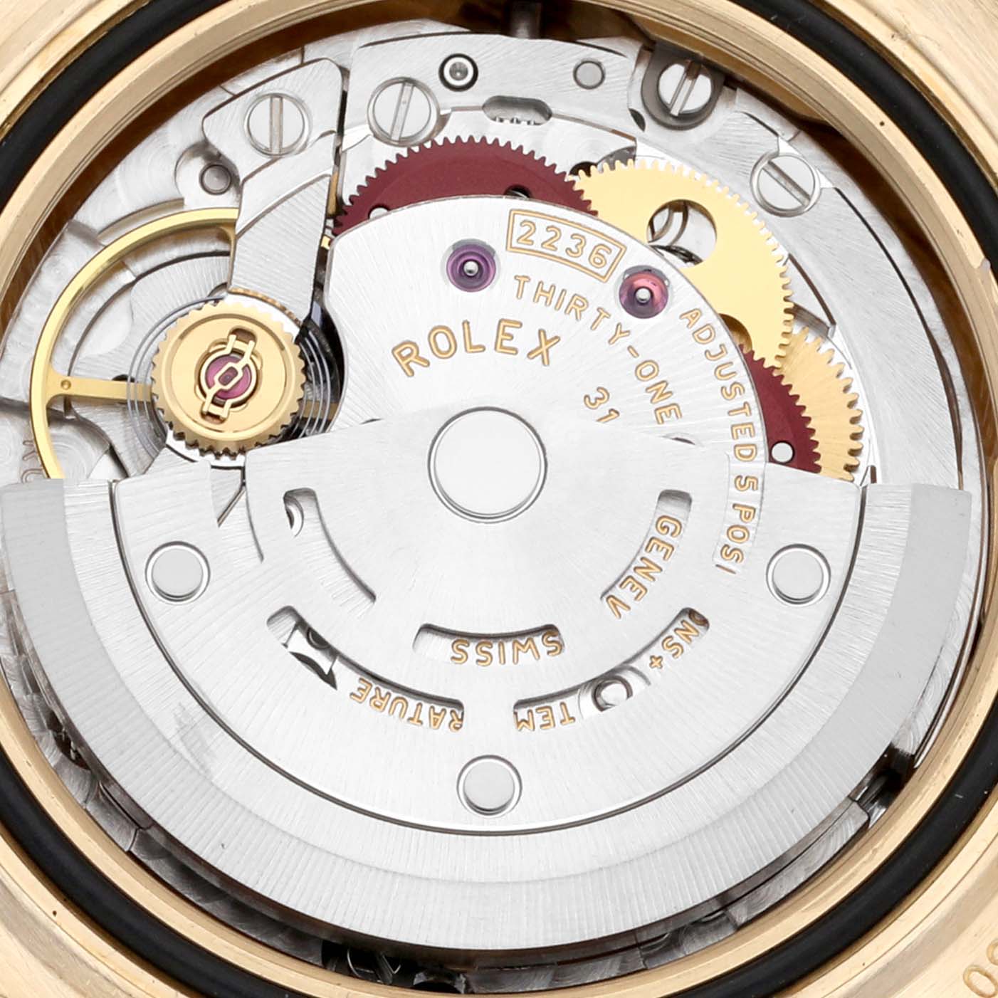 The image shows the inner mechanical movement of a Rolex President 279138 Women's Yellow Gold Green Dial 279138 Women's Yellow Gold Green Dial model watch from a top-down view.