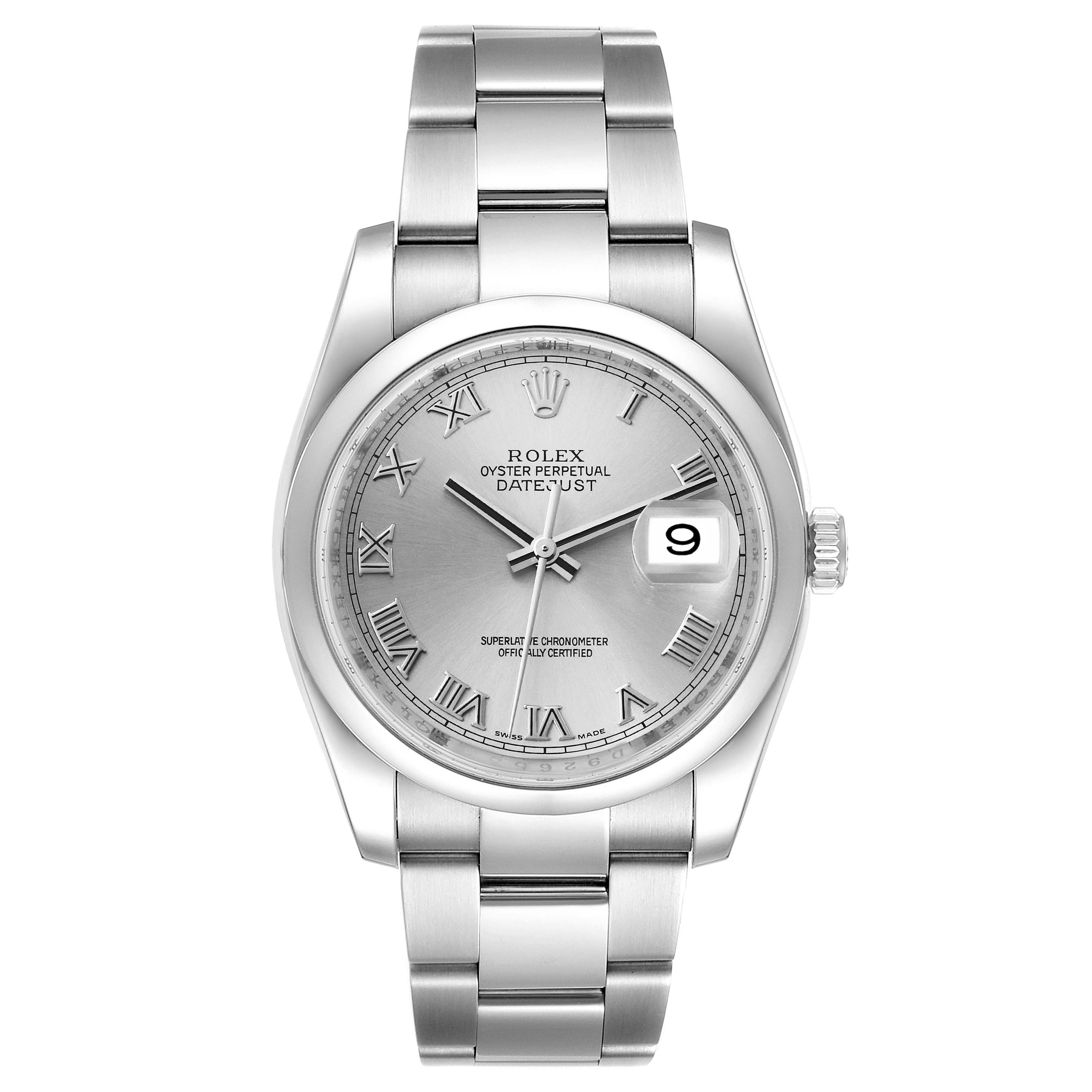The image shows a front view of the Rolex Datejust 116200 Men's Stainless Steel Silver Dial 116200 Men's Stainless Steel Silver Dial watch, featuring its bracelet, dial, hands, and date window.
