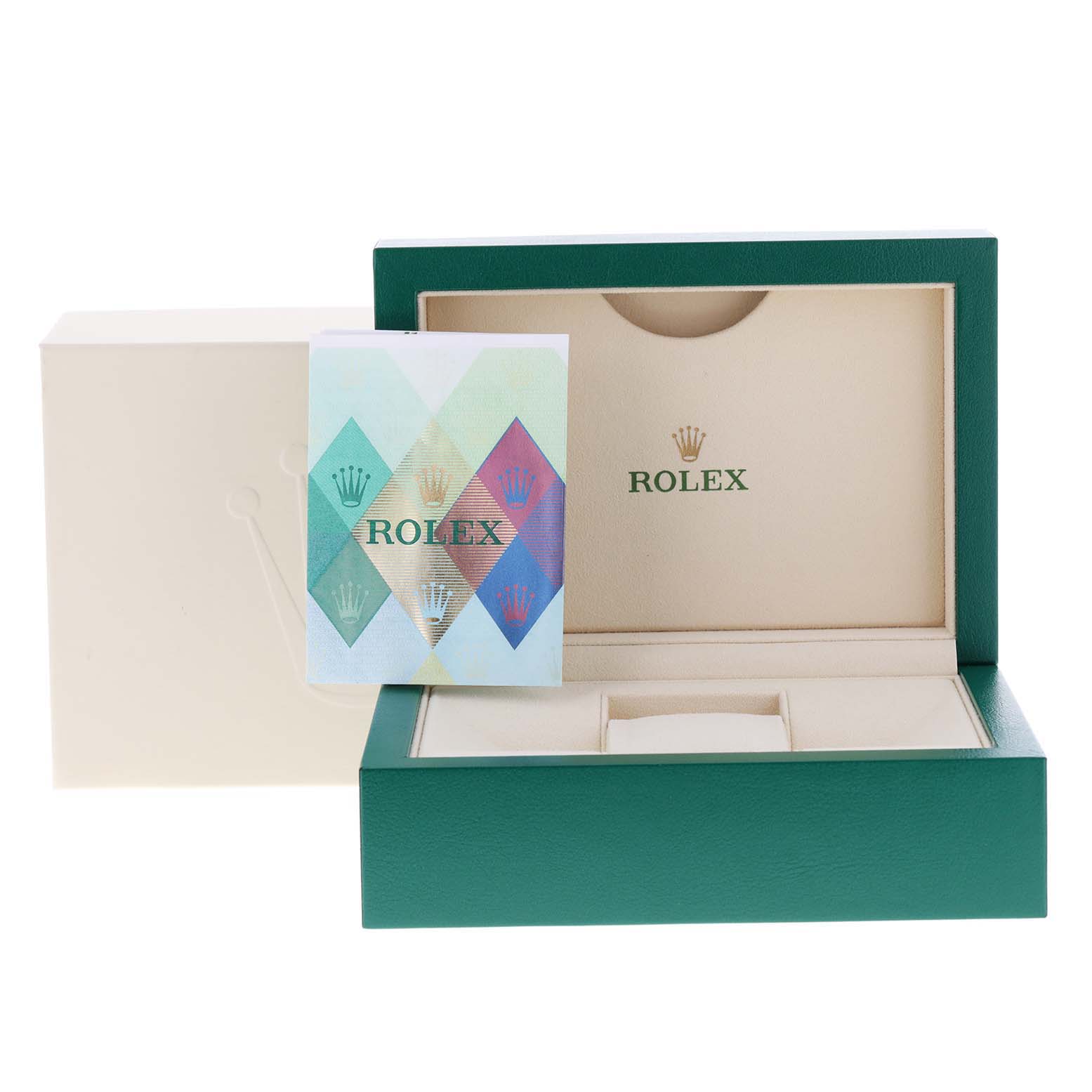 This image shows an open Rolex Datejust 116200 Men's Stainless Steel Silver Dial 116200 Men's Stainless Steel Silver Dial watch box with a booklet, photographed from the front.