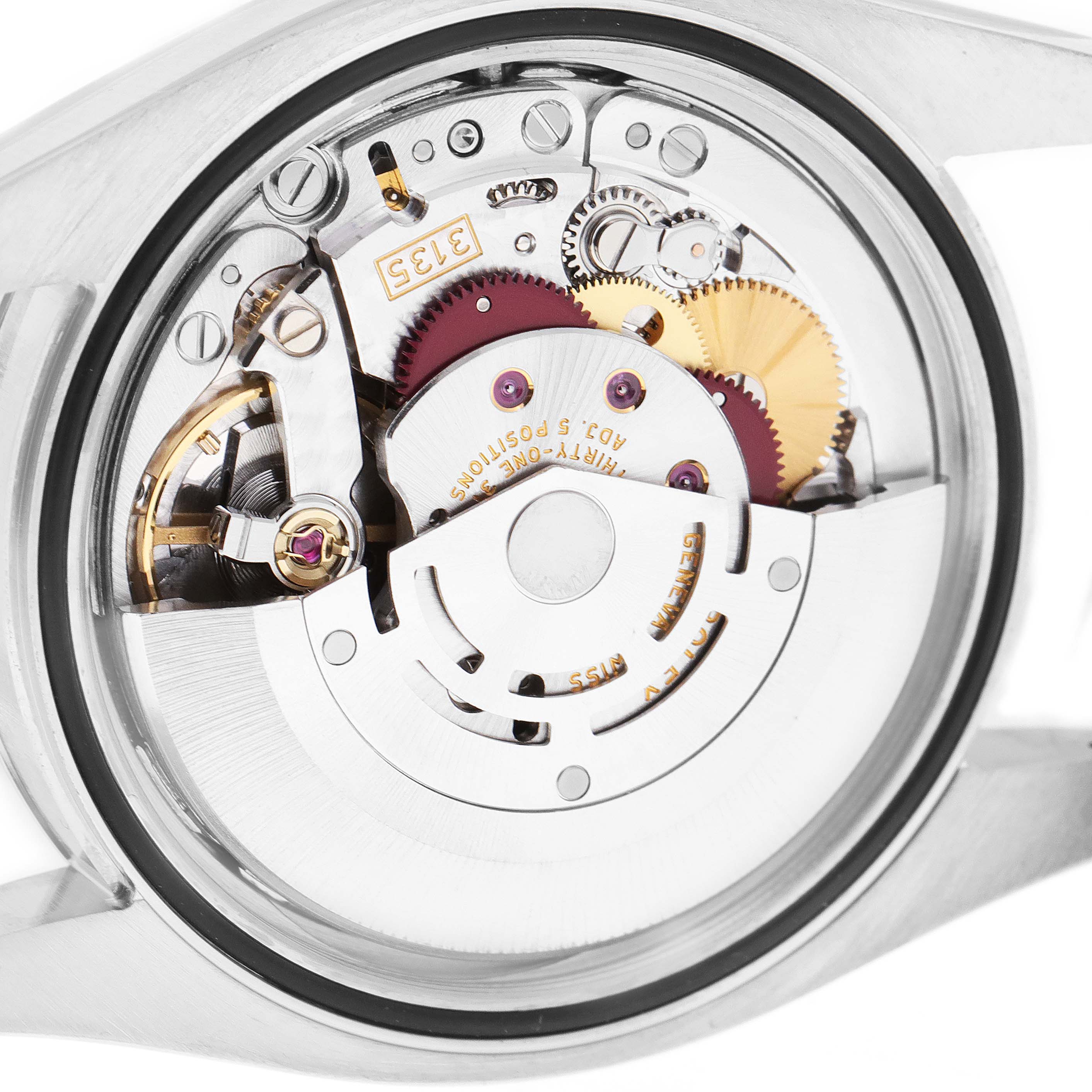 This image shows the internal movement mechanics of the Rolex Datejust 116200 Men's Stainless Steel Silver Dial 116200 Men's Stainless Steel Silver Dial watch from a back angle.
